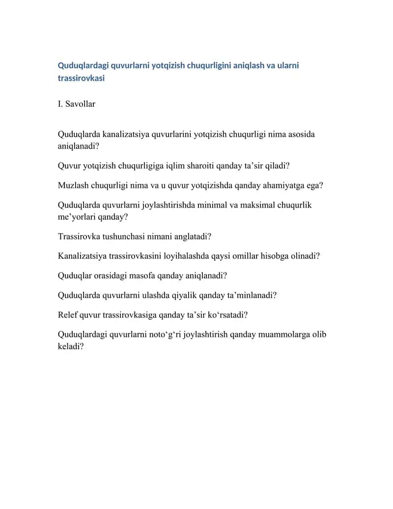 Quduqlardagi quvurlarni yotqizish chuqurlarni aniqlash 1