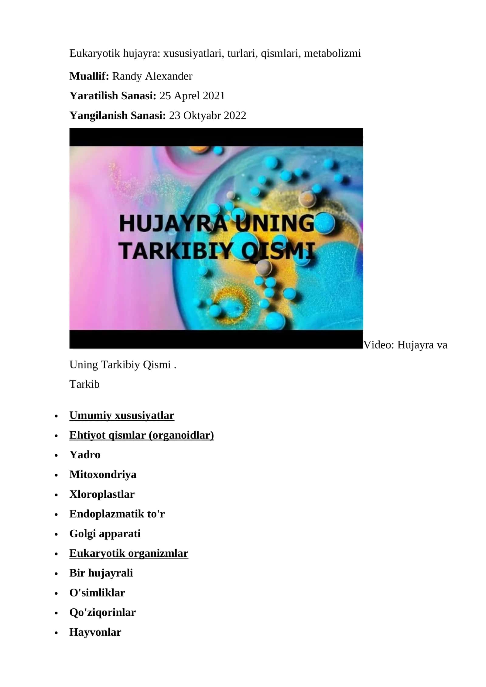 Eukaryotik hujayra: xususiyatlari, turlari, qismlari, metabolizmi 1