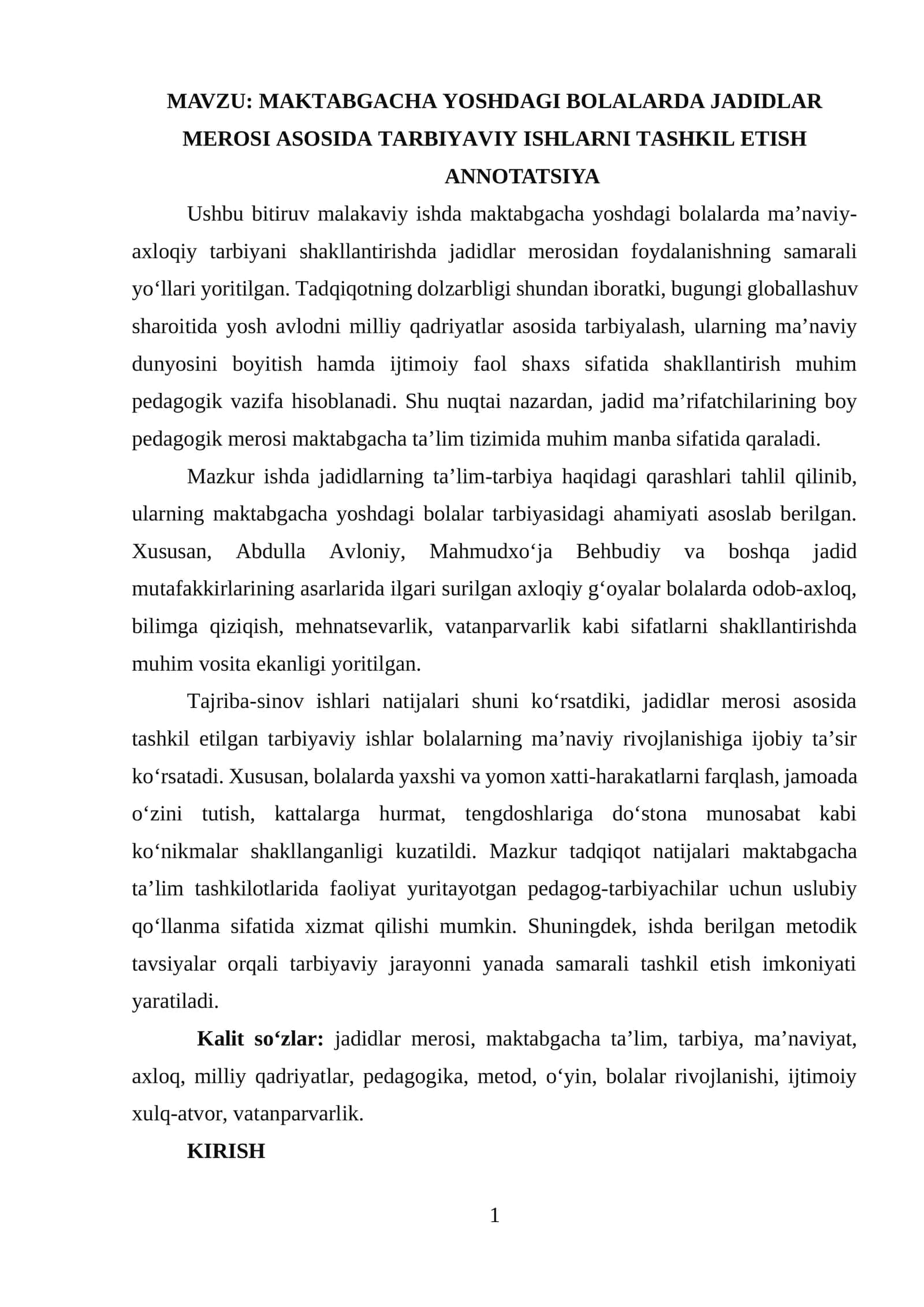 MAKTABGACHA YOSHDAGI BOLALARDA JADIDLAR MEROSI ASOSIDA TARBIYAVIY ISHLARNI TASHKIL ETISH 1