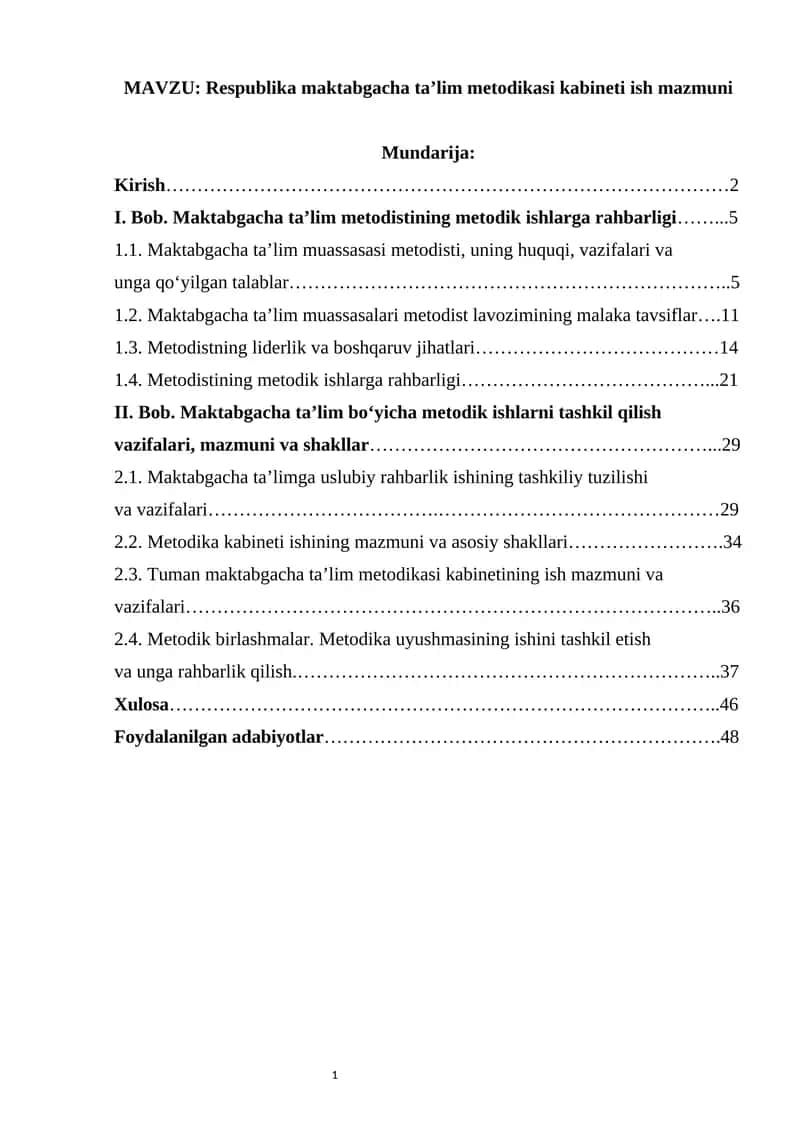 Respublika maktabgacha ta’lim metodikasi kabineti ish mazmuni 1