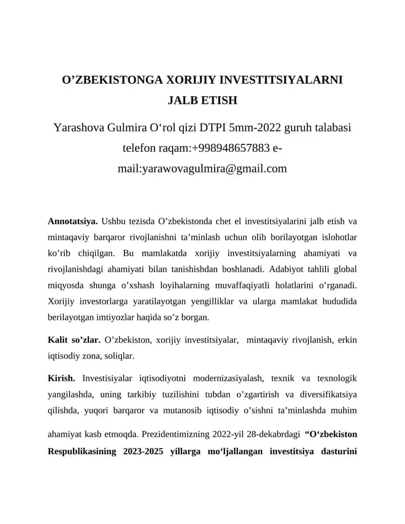 O’ZBEKISTONGA XORIJIY INVESTITSIYALARNI JALB ETISH 1