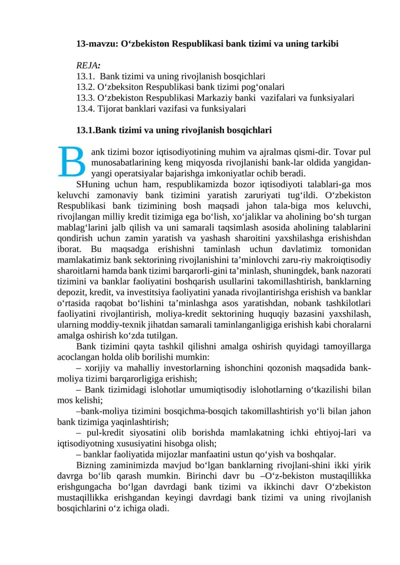 Oʻzbekiston Respublikasi bank tizimi va uning tarkibi 1