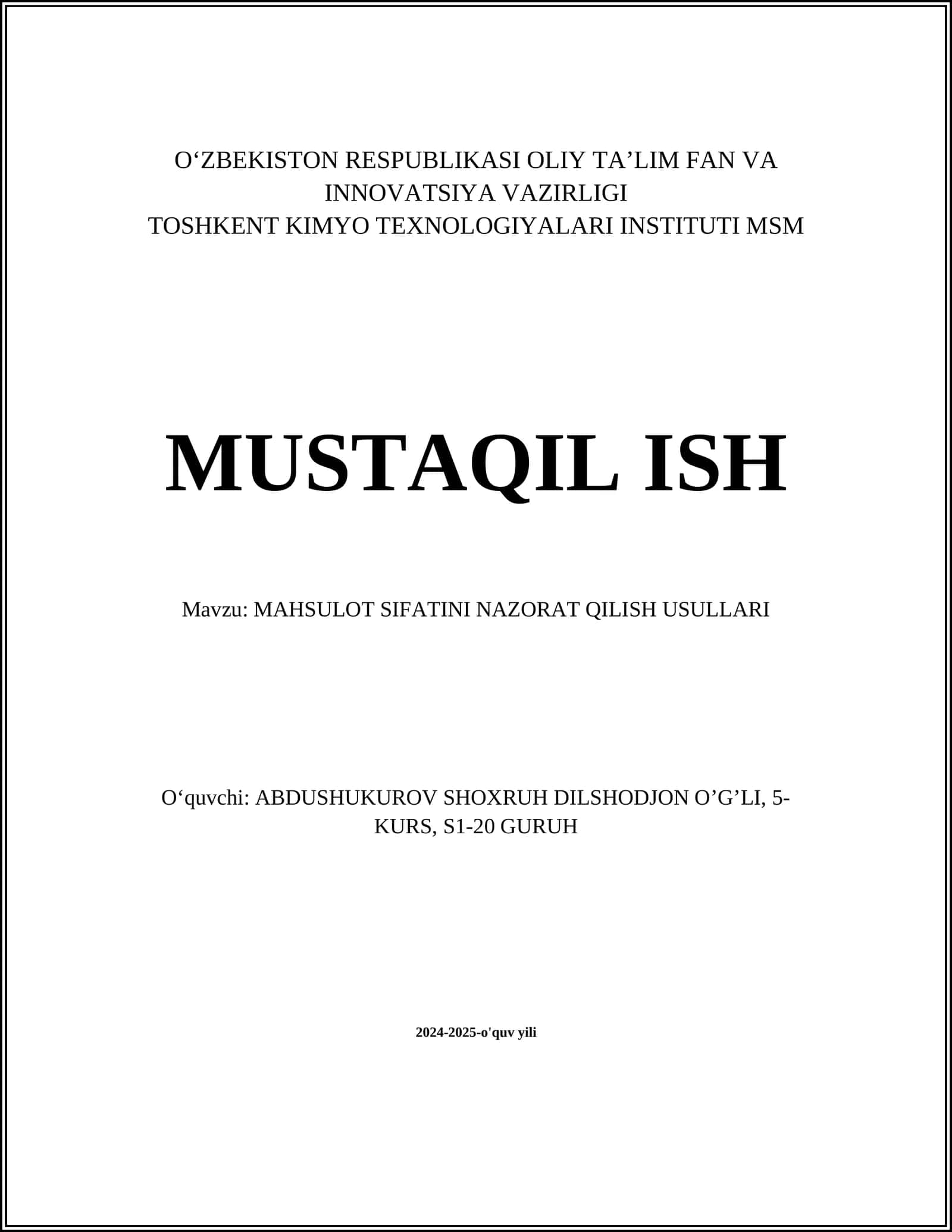 MAHSULOT SIFATINI NAZORAT QILISH USULLARI 1