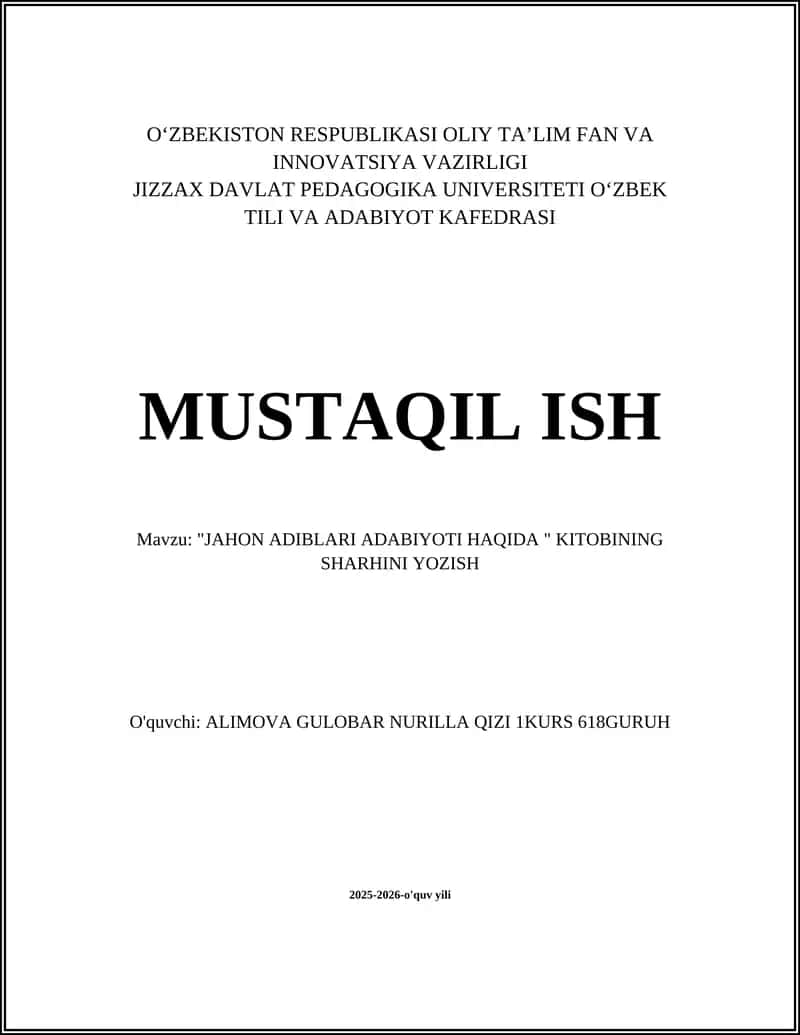 "JAHON ADIBLARI ADABIYOTI HAQIDA " KITOBINING SHARHINI YOZISH 1