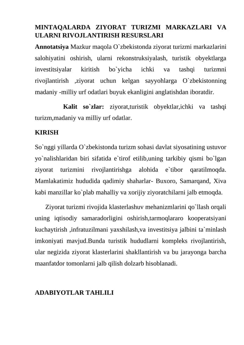 Ziyorat Turizmi Markazlari va Ularni Rivojlantirish Resurslari 1
