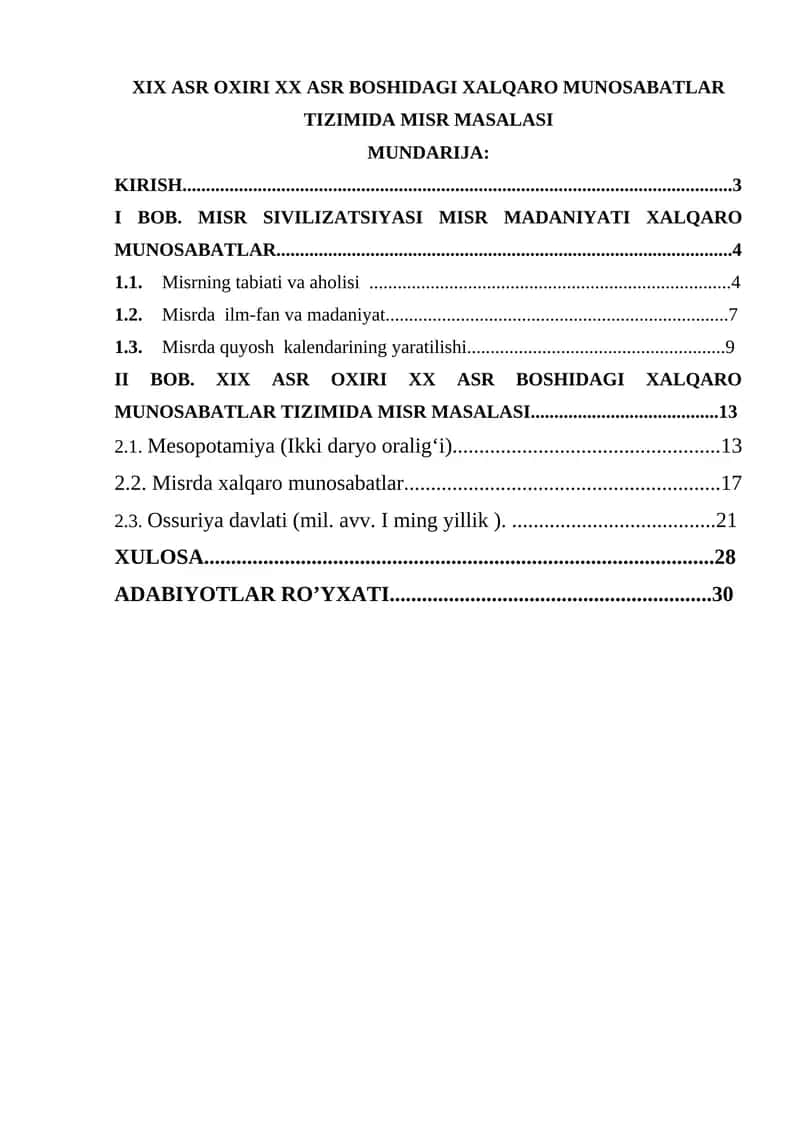 XIX ASR OXIRI XX ASR BOSHIDAGI XALQARO MUNOSABATLAR TIZIMIDA MISR MASALASI 1