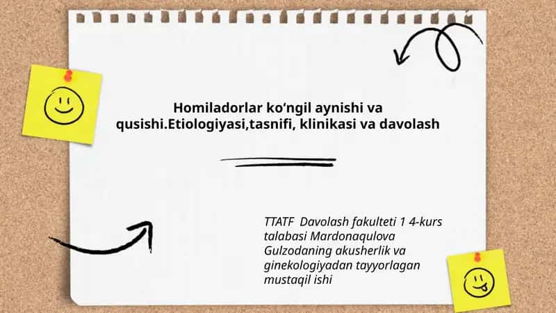 Homiladorlar koʻngil aynishi va qusishi.Etiologiyasi,tasnifi, klinikasi va davolash 1