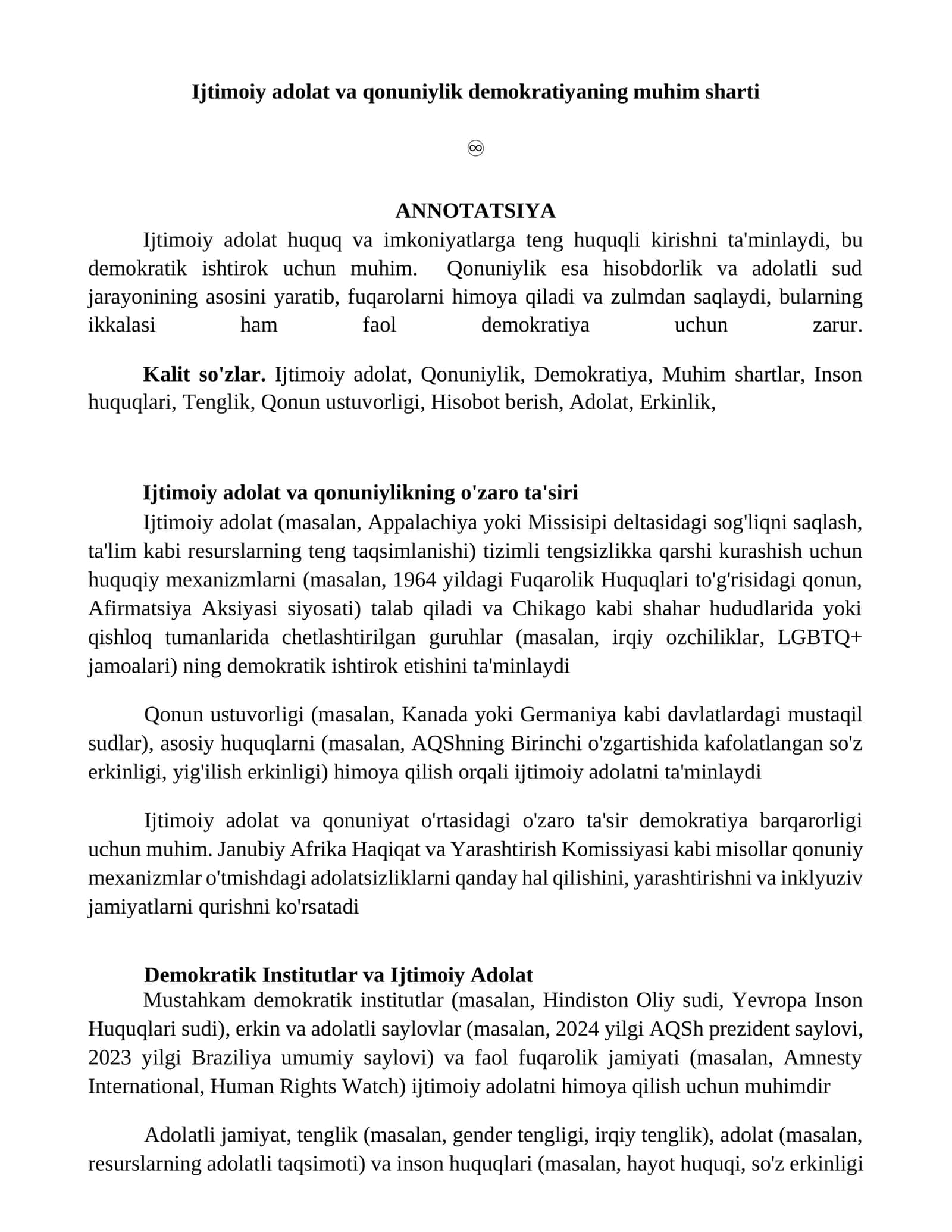 Ijtimoiy adolat va qonuniylik demokratiyaning muhim sharti 1