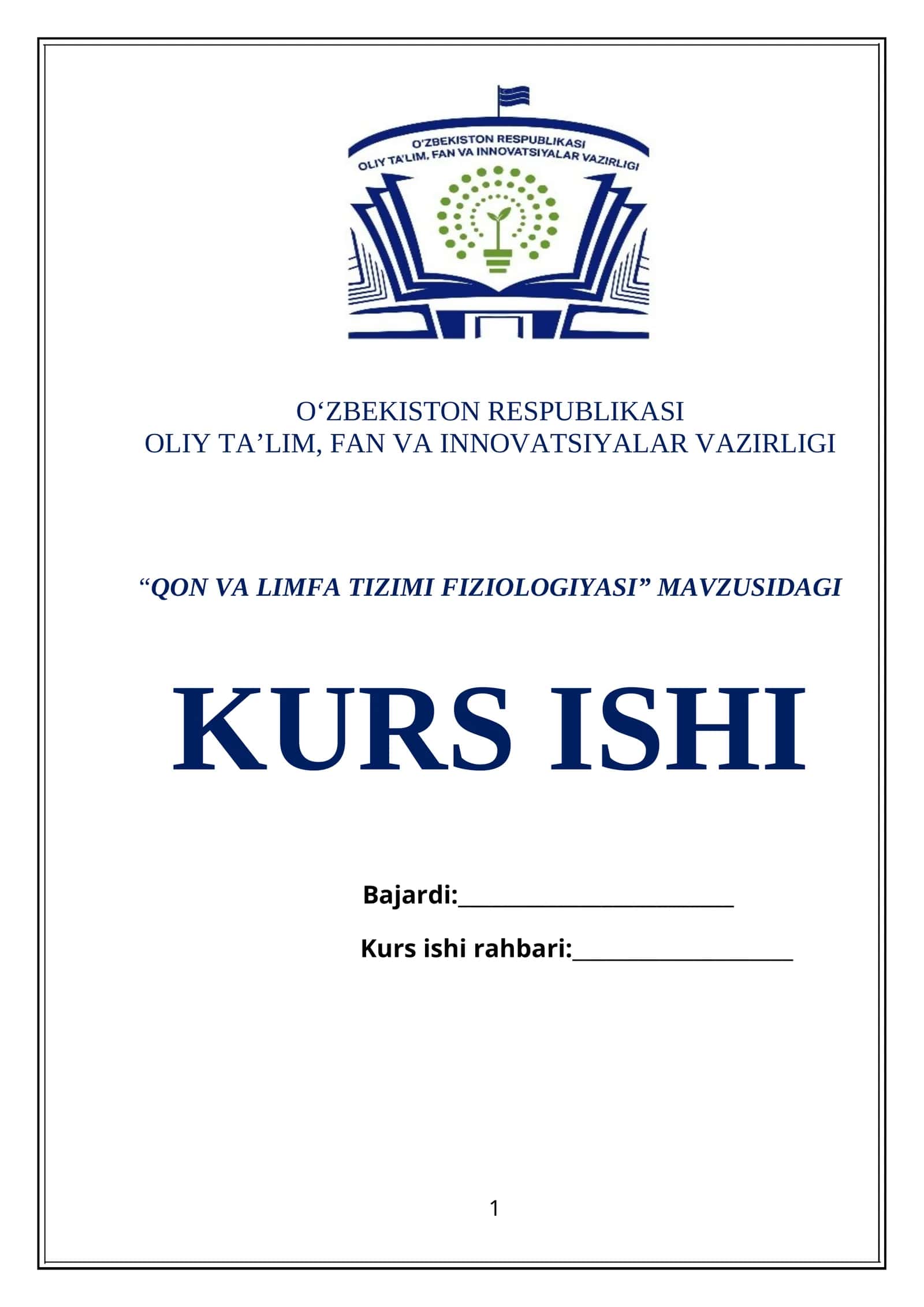 QON VA LIMFA TIZIMI FIZIOLOGIYASI KURS ISHI 1