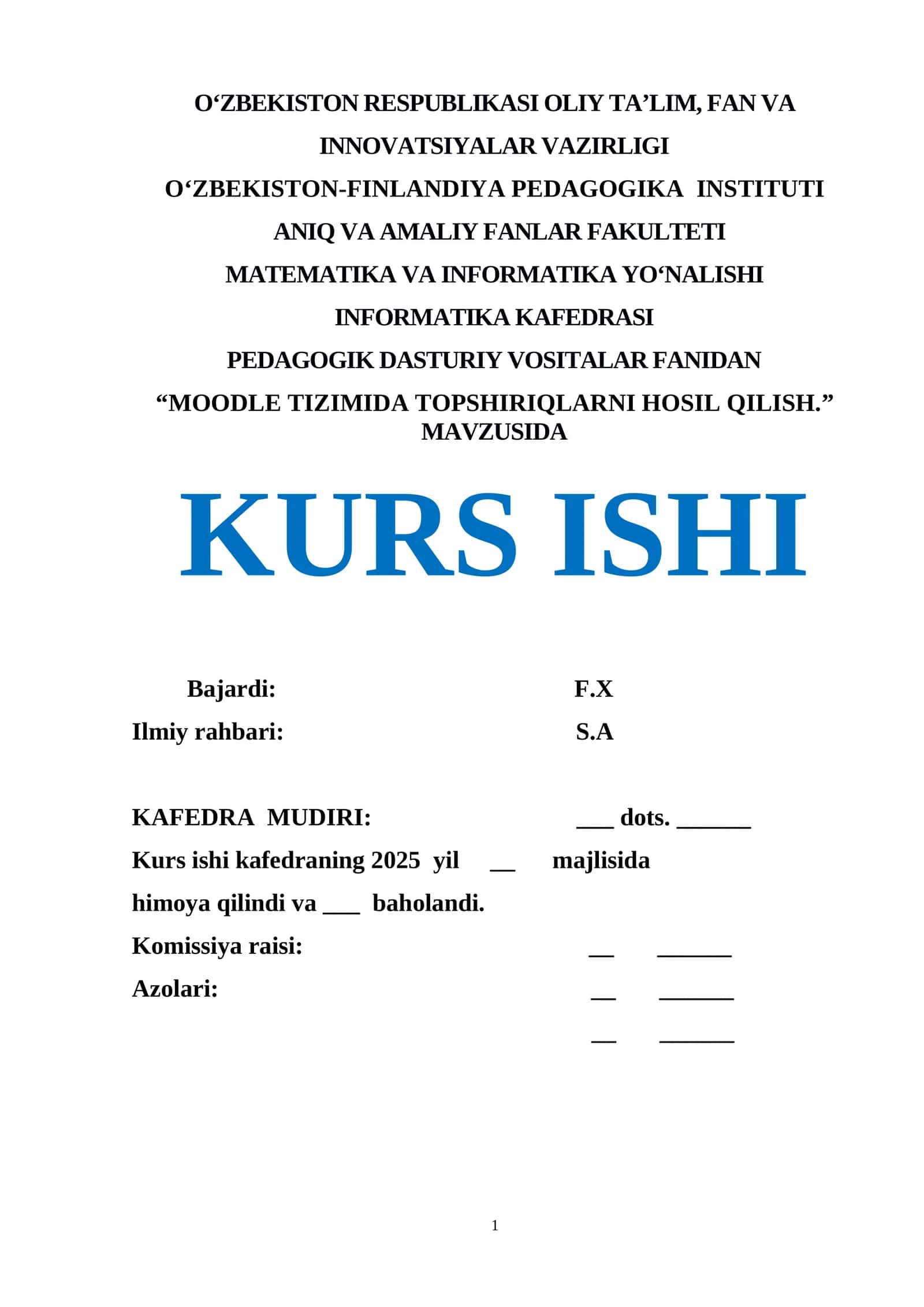 "MOODLE TIZIMIDA TOPSHIRIQLARNI HOSIL QILISH" 1