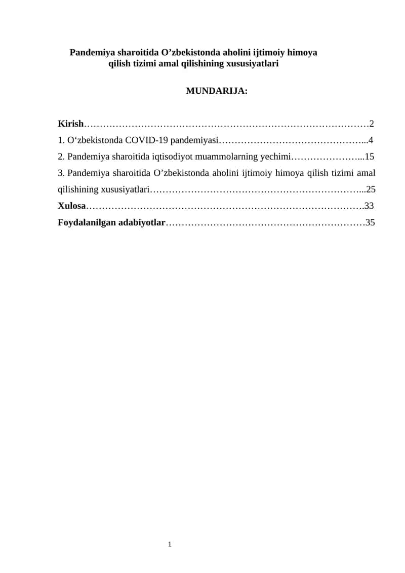 Pandemiya sharoitida O’zbekistonda aholini ijtimoiy himoya qilish tizimi amal qilishining xususiyatlari 1
