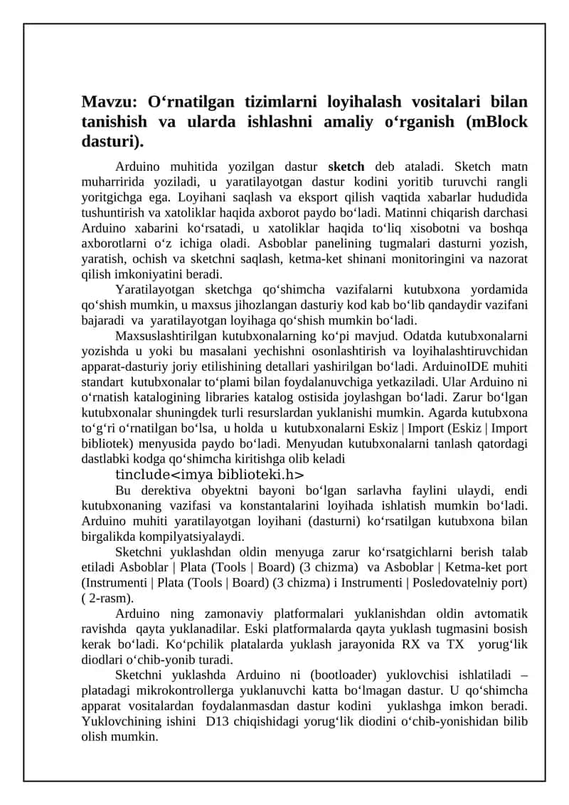 Yaratilgan tizimlarni loyihalash vositalari bilan tanishish va ularda ishlashni amaliy o‘rganish (mBlock dasturi) 1