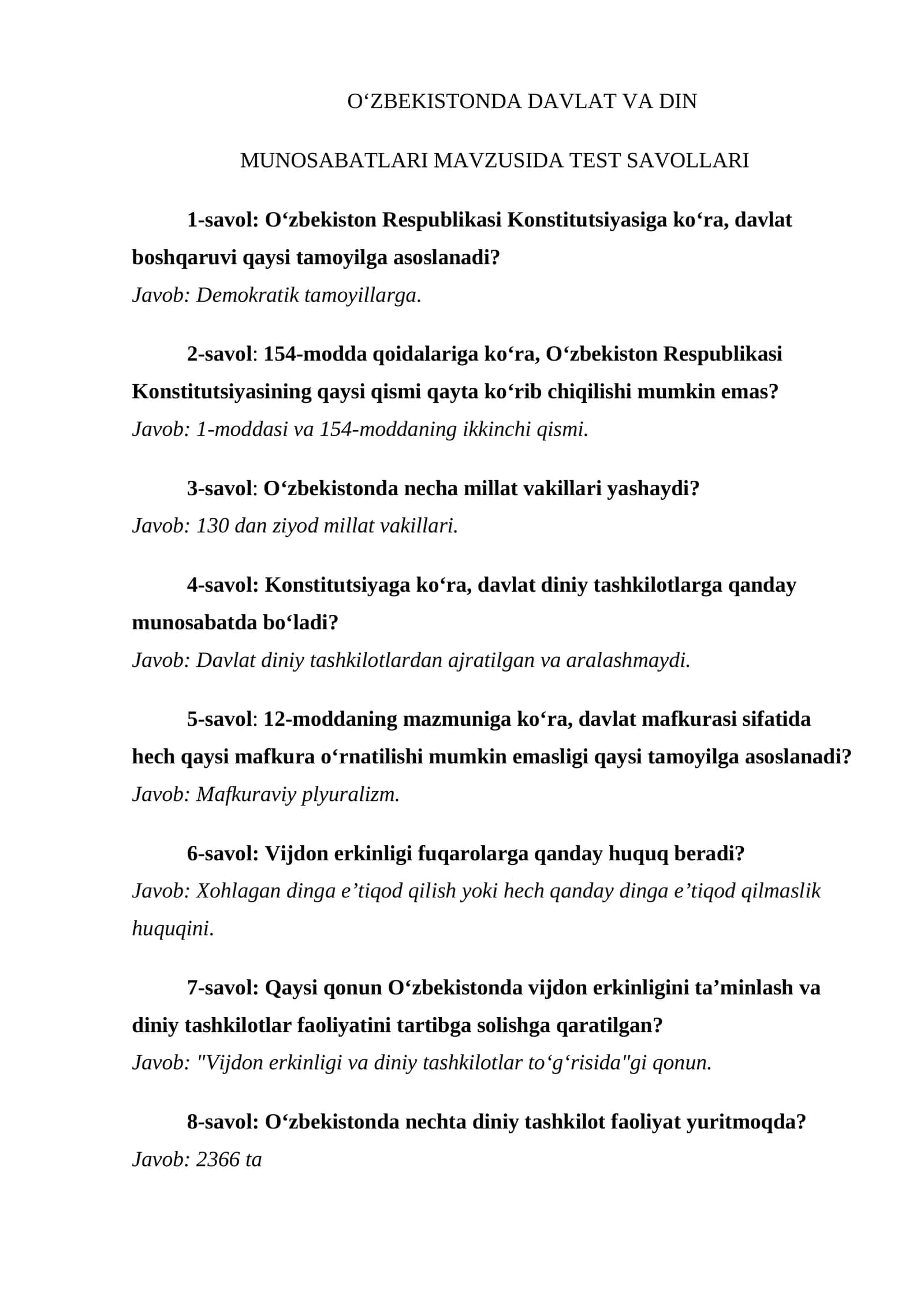 O‘zbekistonda Davlat va Din Munosabatlari Mavzusida Test Savollari 1