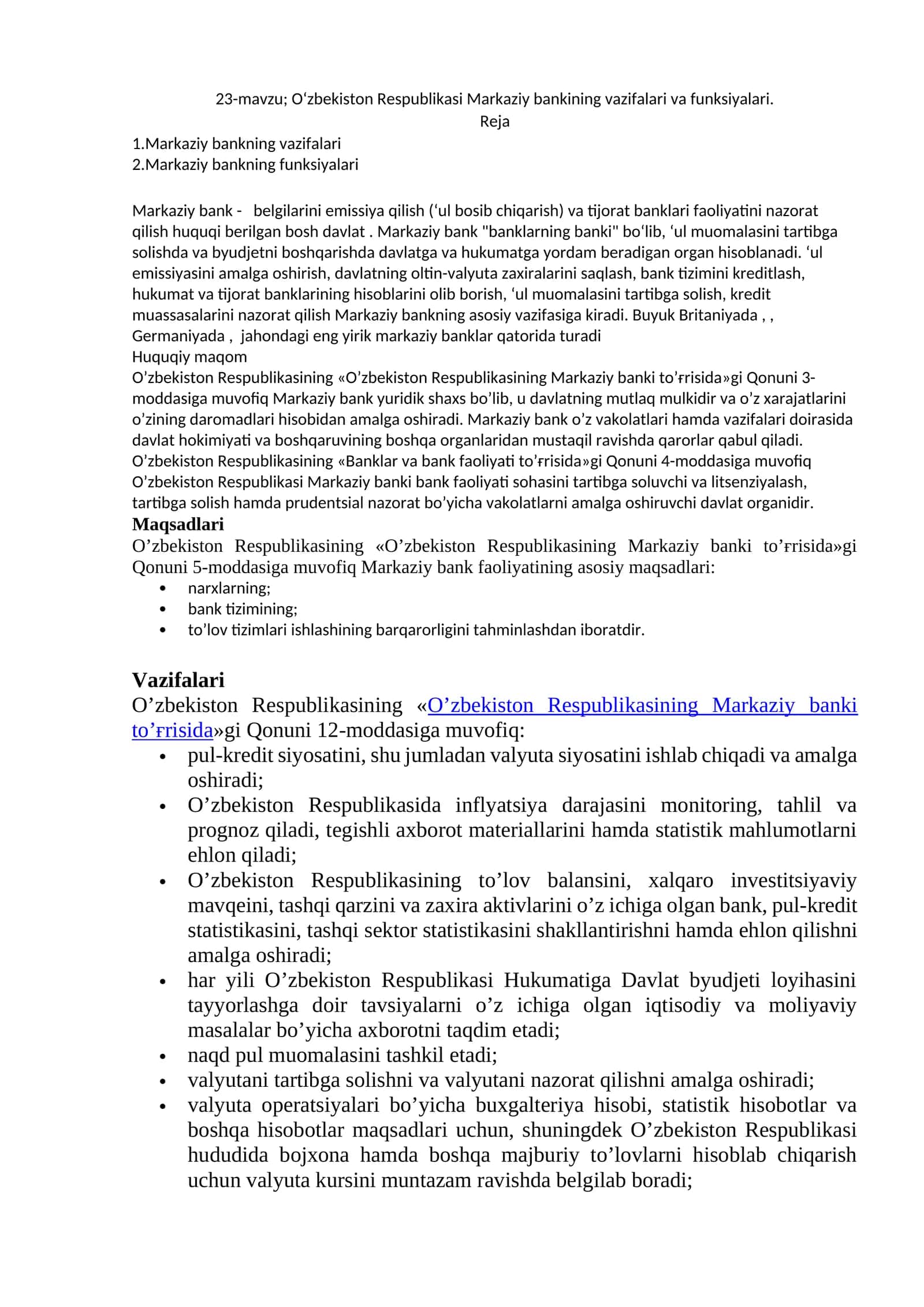 O‘zbekiston Respublikаsi Mаrkаziy bаnkining vаzifаlаri va funksiyalari 1