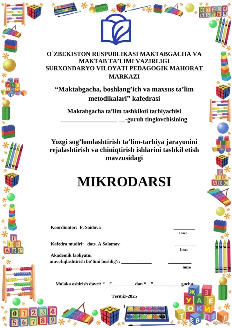 Yozgi sog’lomlashtirish ta’lim-tarbiya jarayonini rejalashtirish va chiniqtirish ishlarini tashkil etish 1
