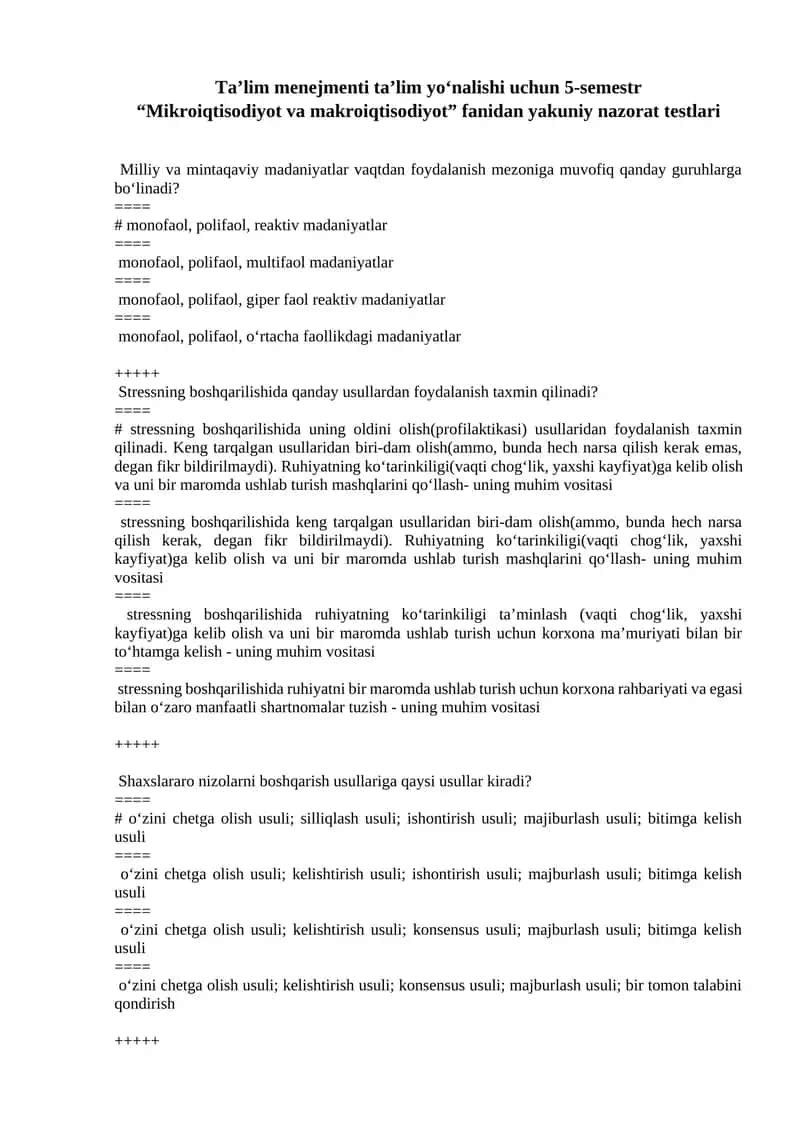 Mikroiqtisodiyot va makroiqtisodiyot - yakuniy nazorat testlari 1