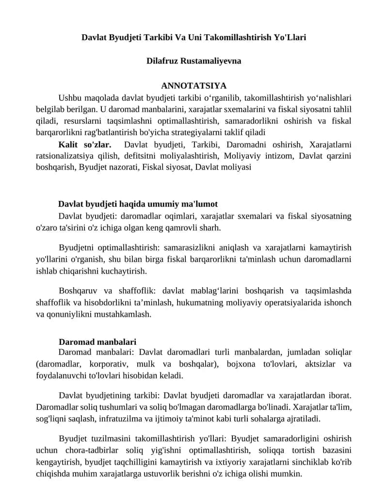 Davlat Byudjeti Tarkibi Va Uni Takomillashtirish Yo'Llari 1