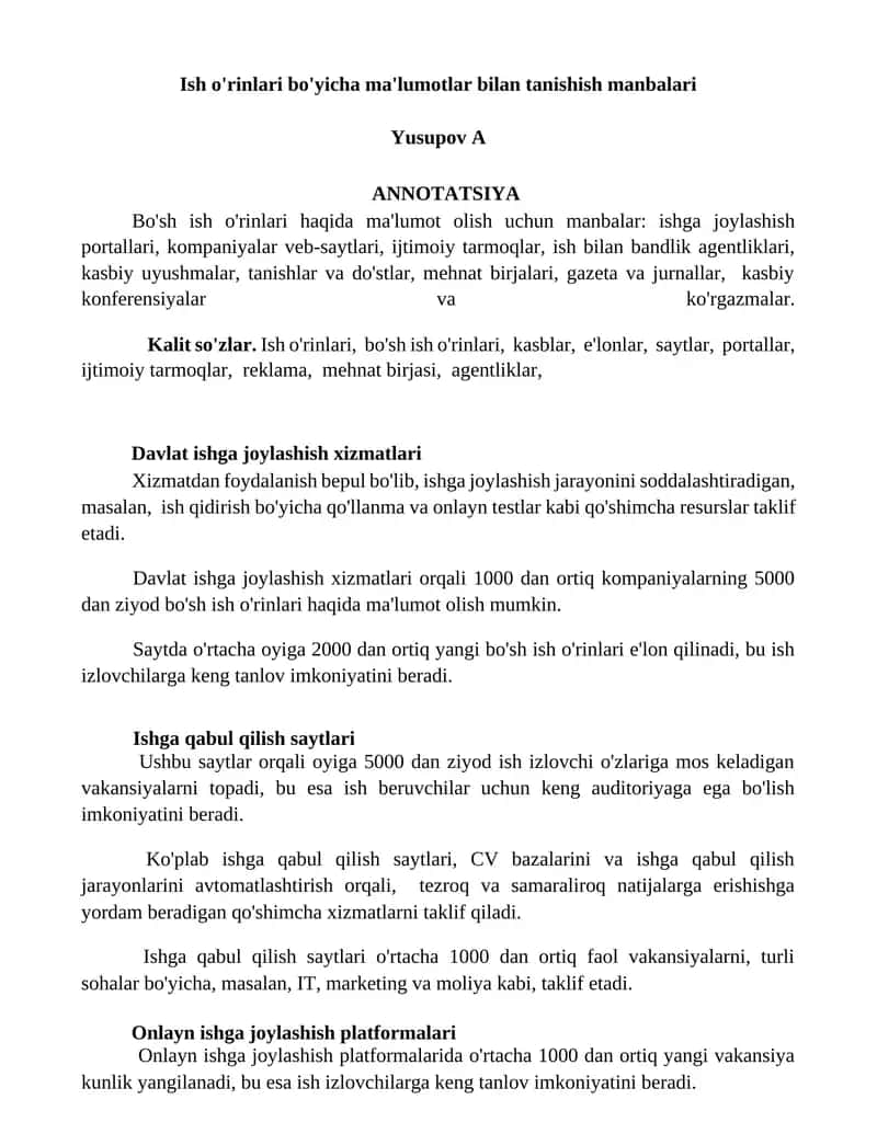Ish o'rinlari bo'yicha ma'lumotlar bilan tanishish manbalari 1