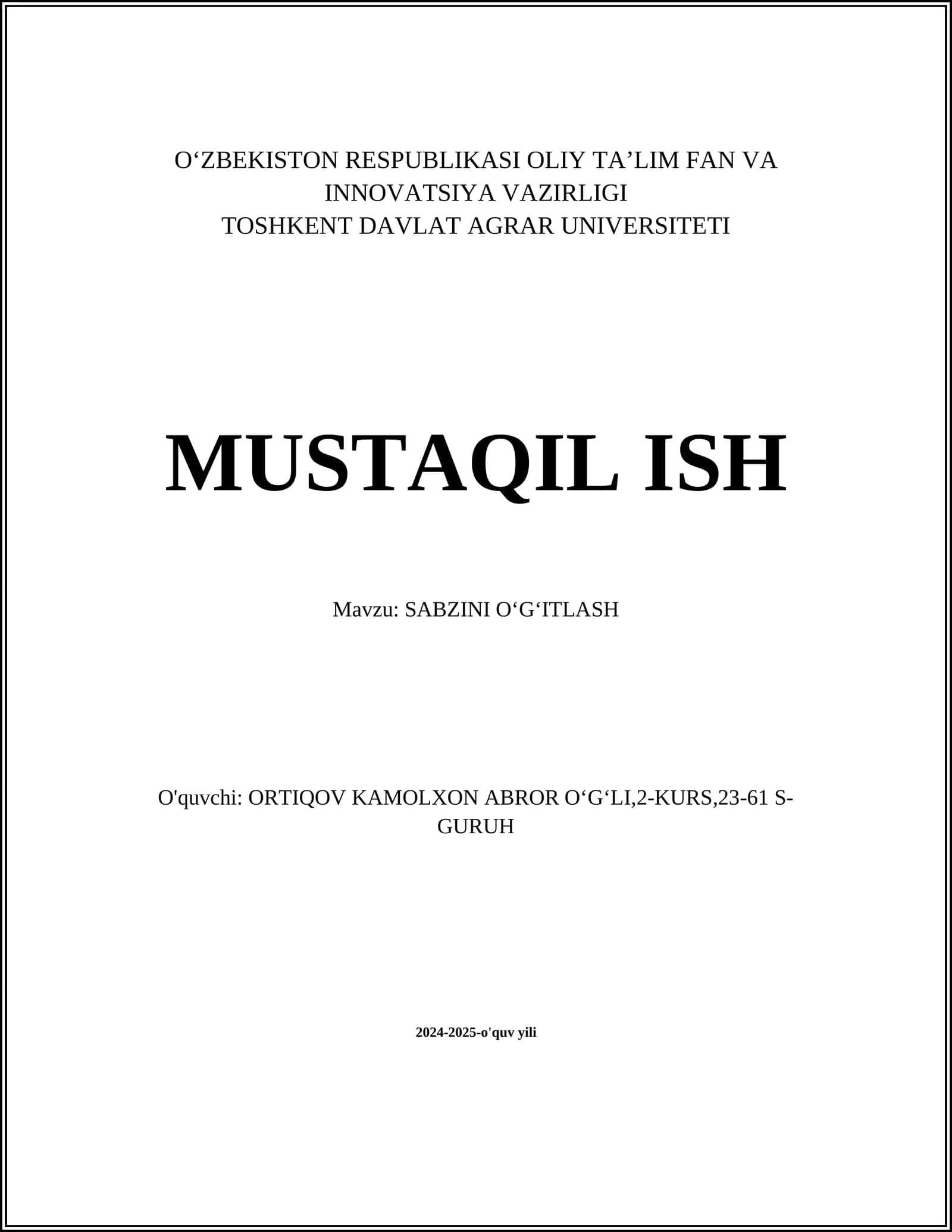 SABZINI OʻGʻITLASH 1