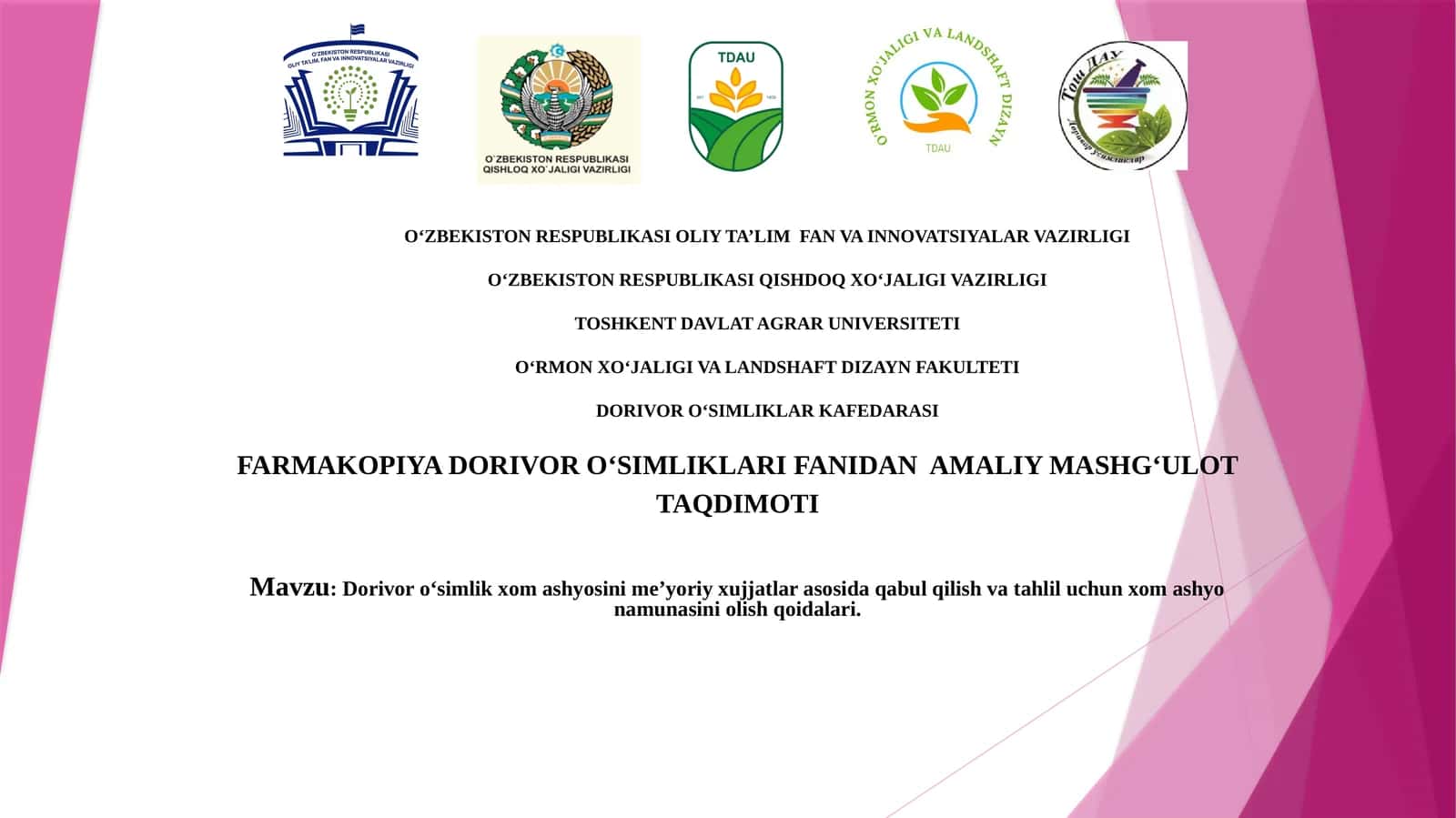 Dorivor o‘simlik xom ashyosini me’yoriy xujjatlar asosida qabul qilish va tahlil uchun xom ashyo namunasini olish qoidalari. 1