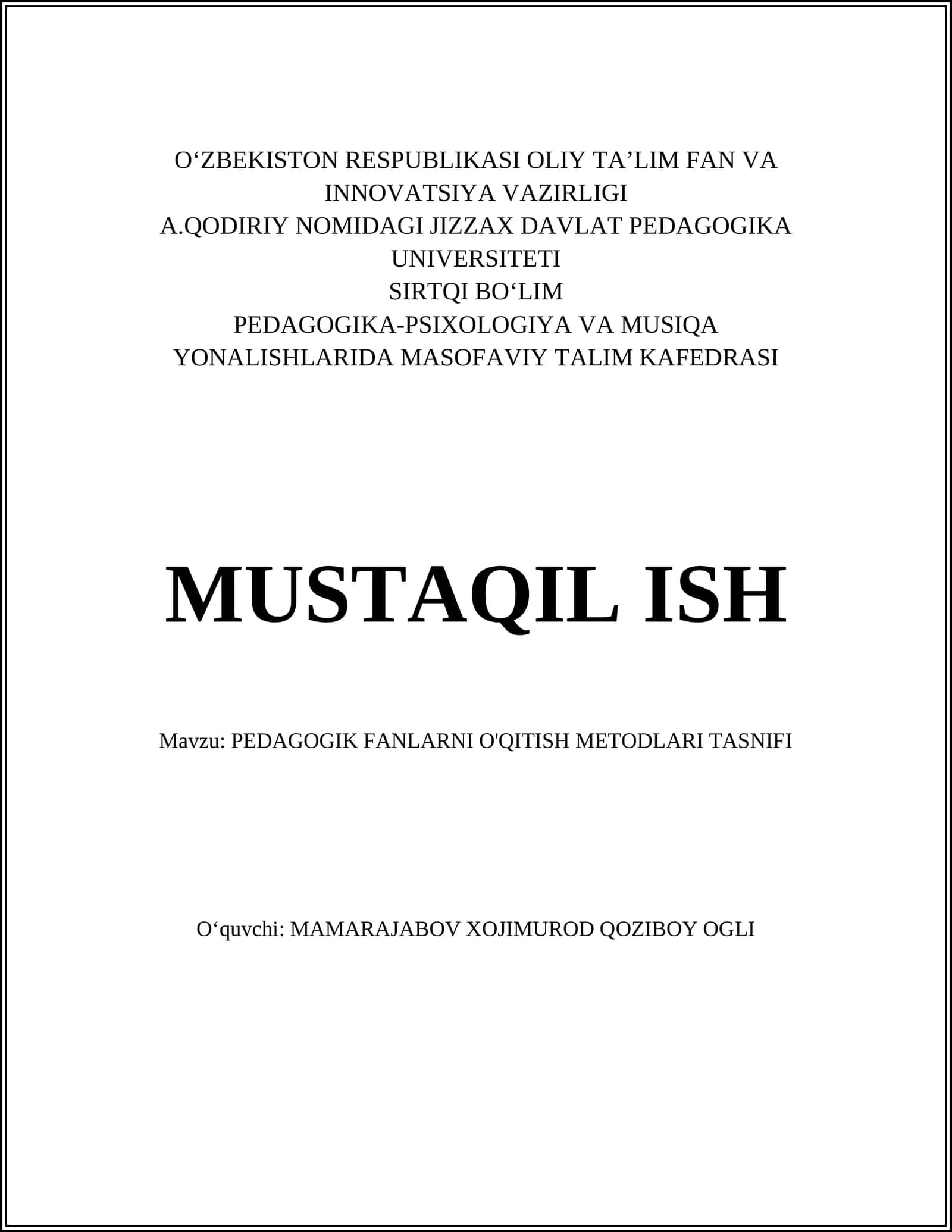 PEDAGOGIK FANLARNI O'QITISH METODLARI TASNIFI 1