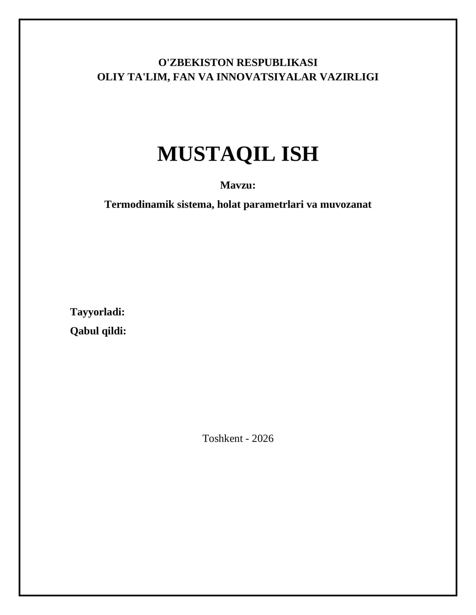 Termodinamik sistema, holat parametrlari va muvozanat 1
