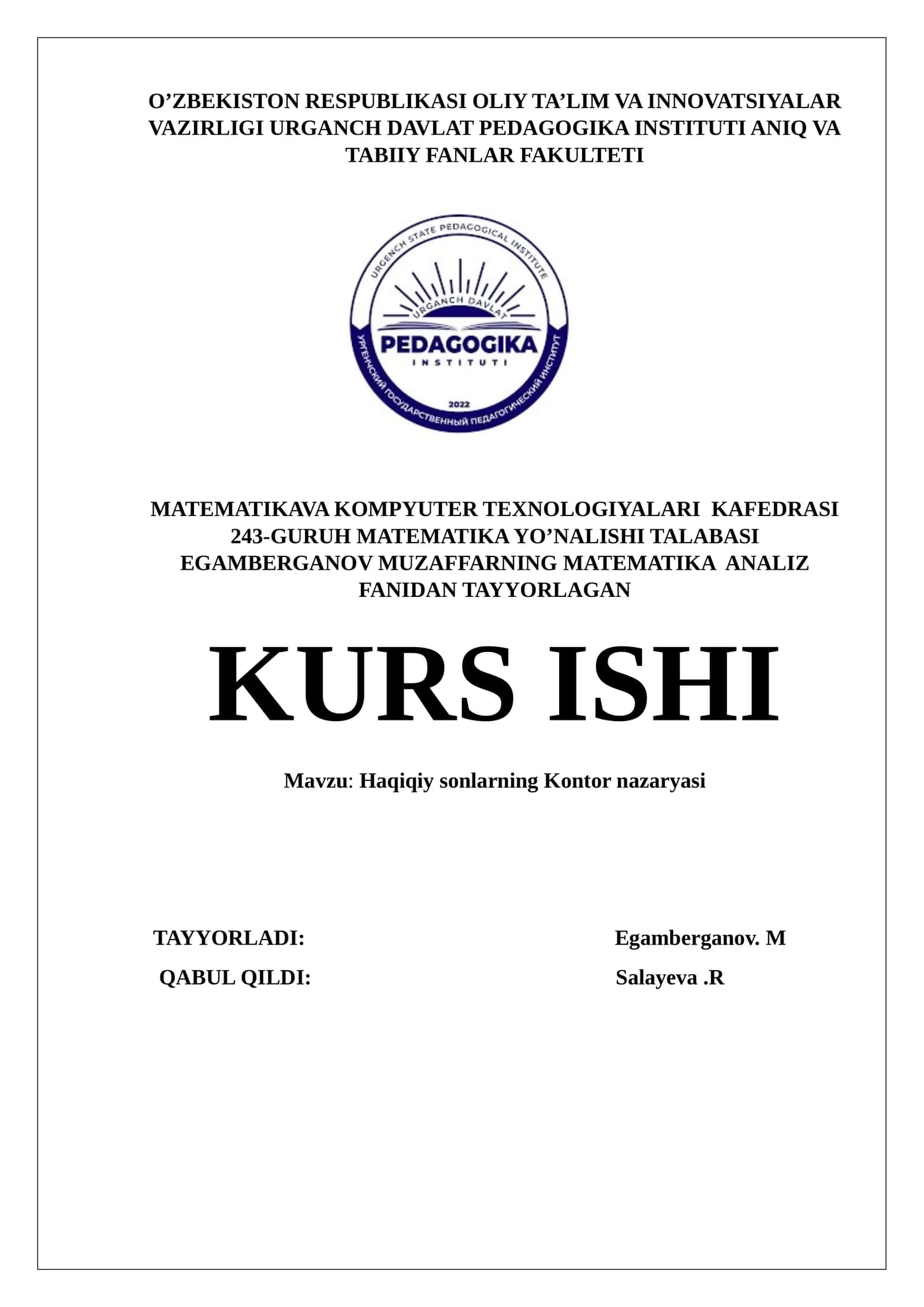 Haqiqiy sonlarning Kontor nazaryasi 1