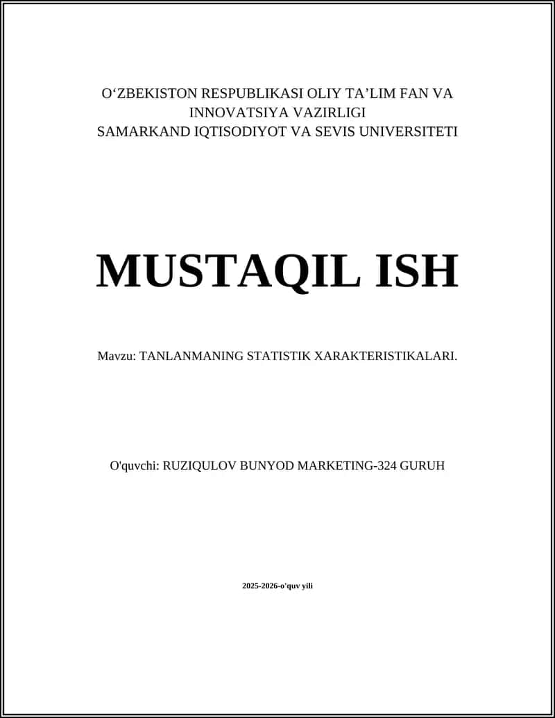 Tanlanmaning Statistik Xarakteristikalari 1