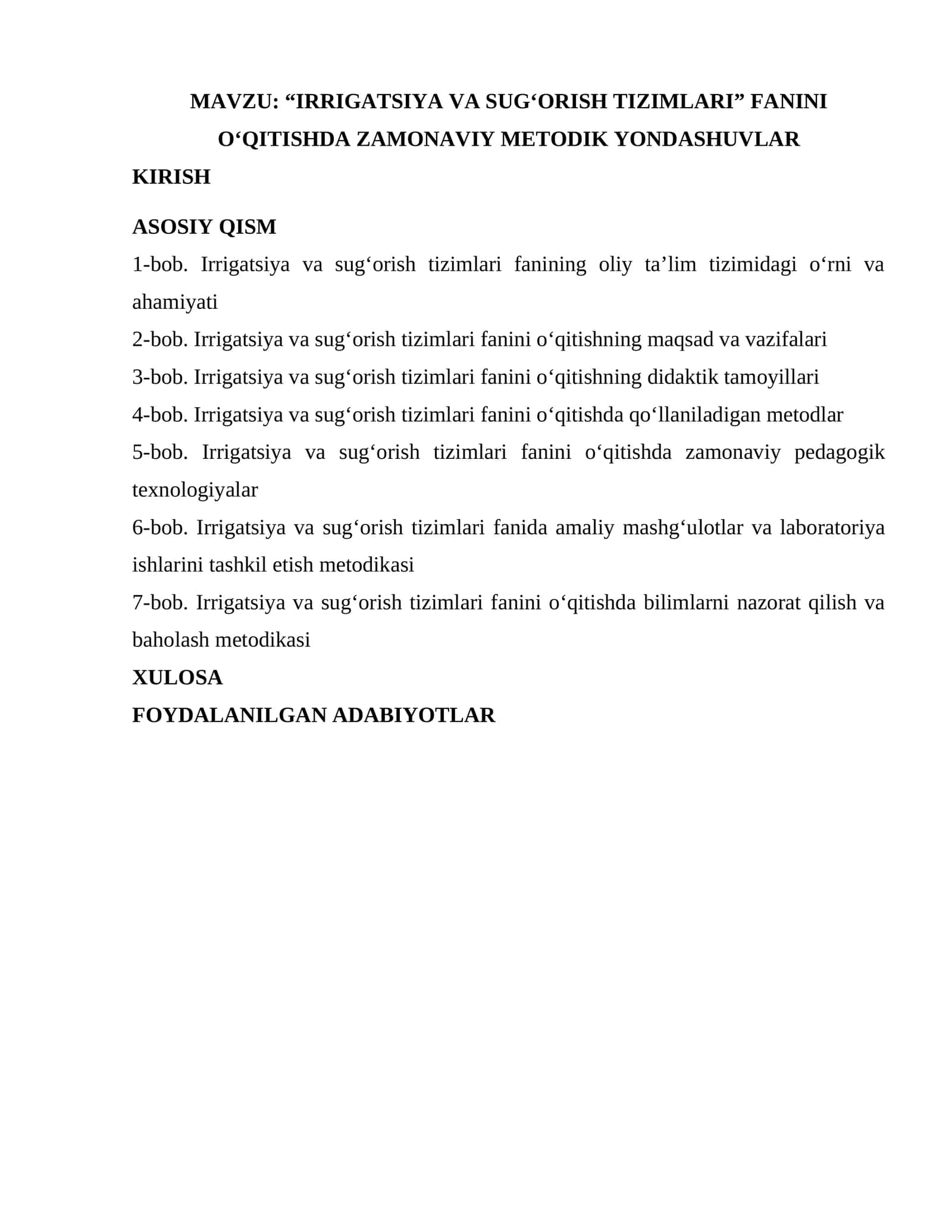 “IRRIGATSIYA VA SUG‘ORISH TIZIMLARI” FANINI O‘QITISHDA ZAMONAVIY METODIK YONDASHUVLAR 1