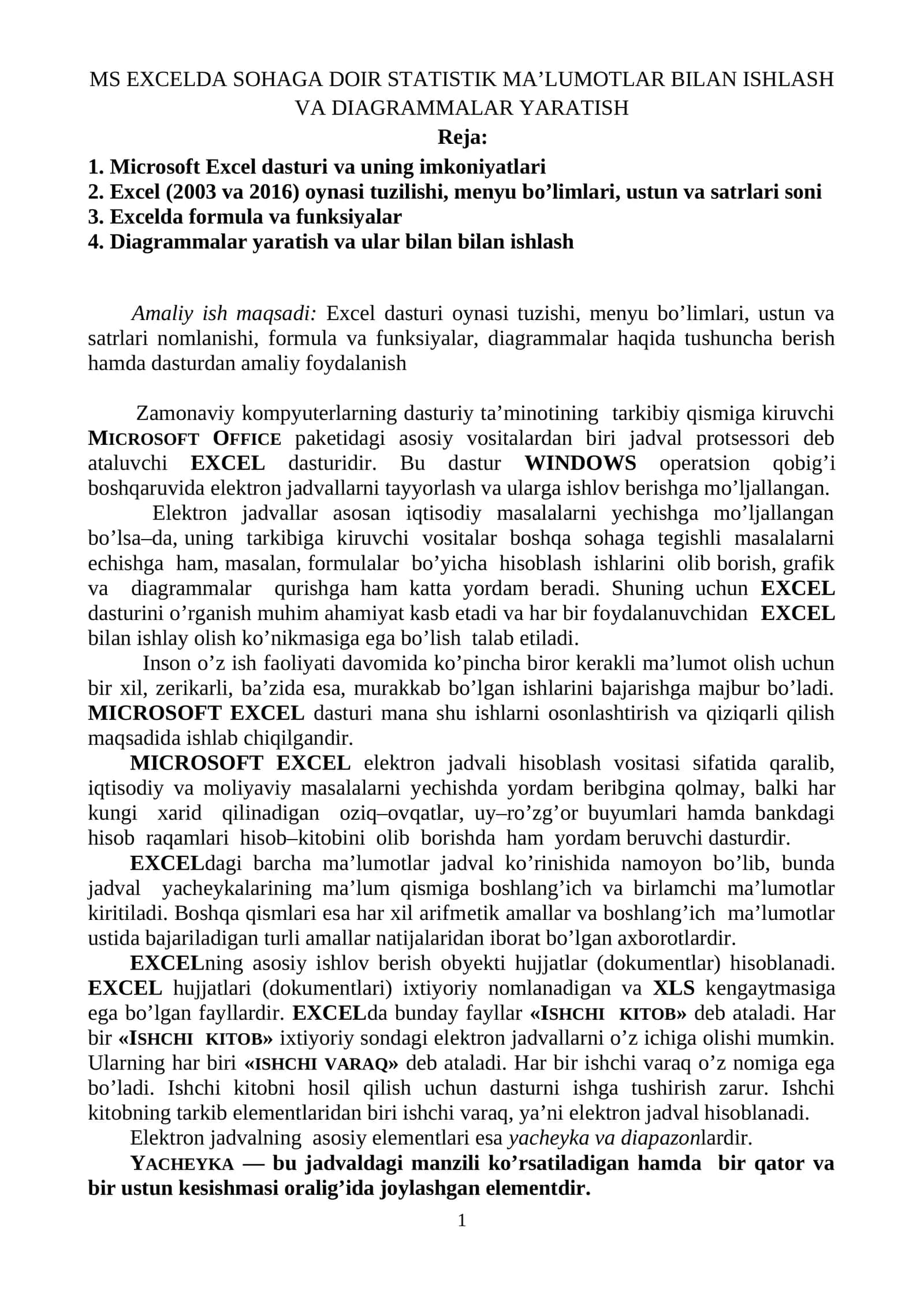 MS Excelda sohaga doir statistik ma’lumotlar bilan ishlash va diagrammalar yaratish 1