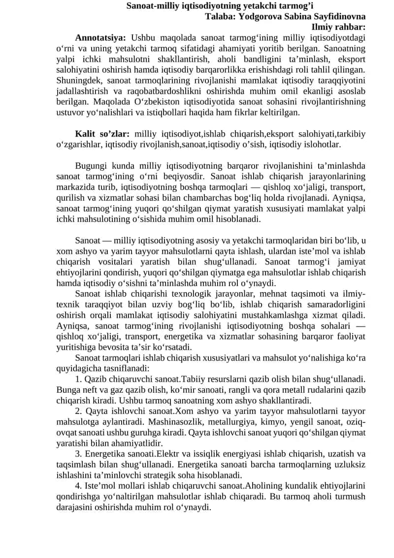 Sanoat-milliy iqtisodiyotning yetakchi tarmog’i 1