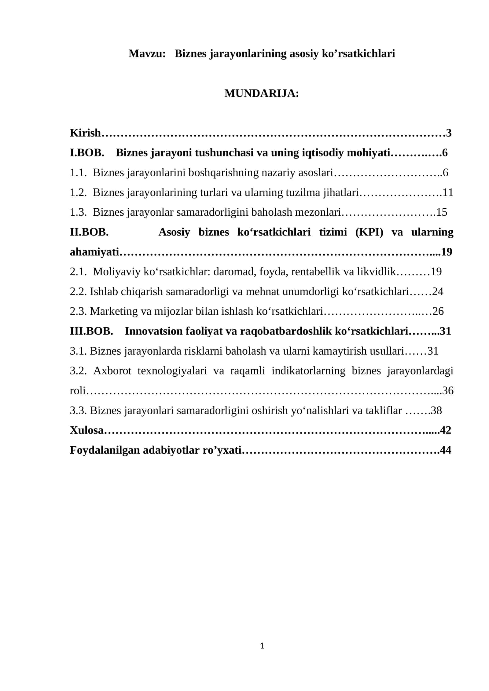 Biznes jarayonlarining asosiy ko’rsatkichlari 1
