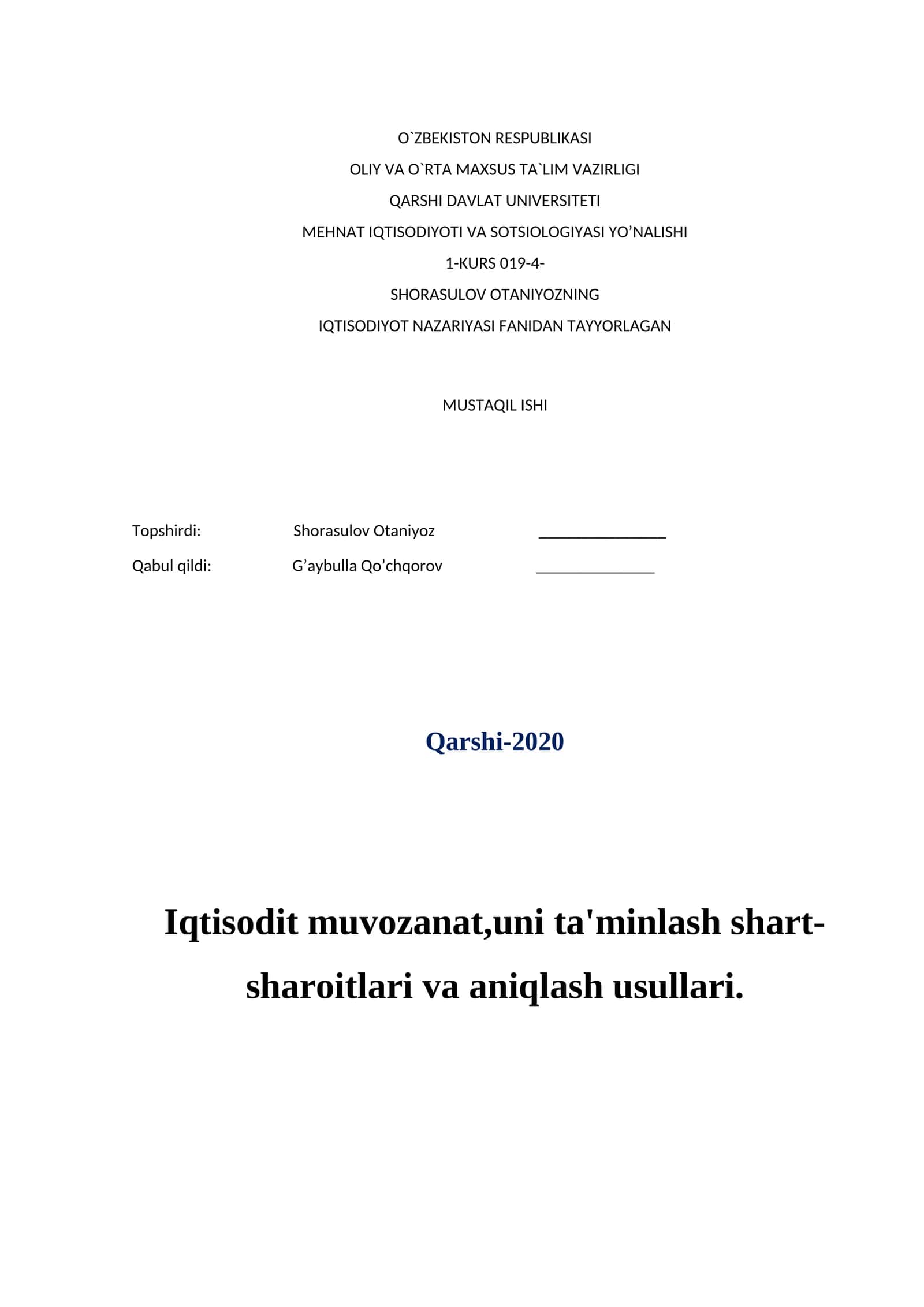 Shorasulov Otaniyozning Iqtisodiyot Nazariyasi 1