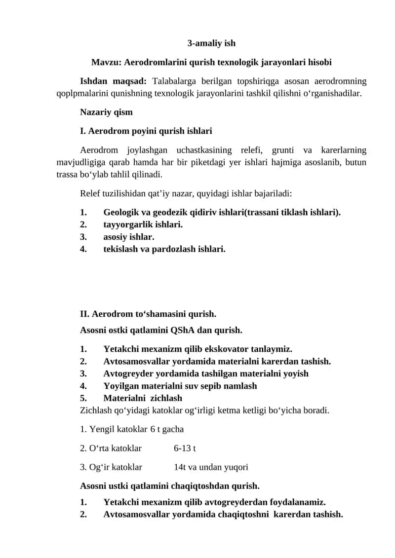 Aerodromlarini qurish texnologik jarayonlari hisobi 1