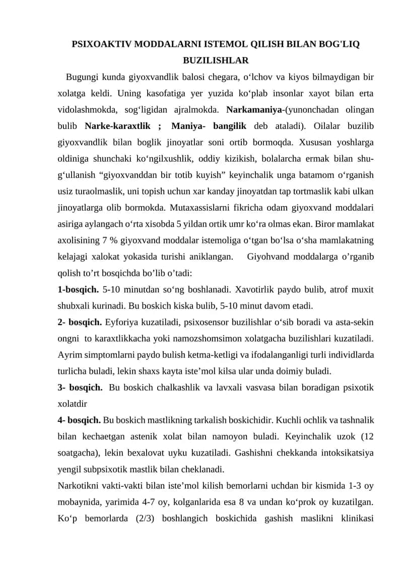 Psixoaktiv moddalarni istemol qilish bilan bog'liq buzişlar 1