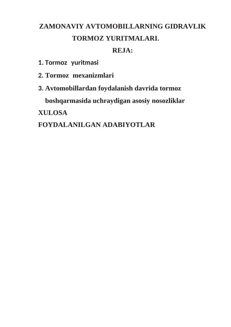 ZAMONAVIY AVTOMOBILLARNING GIDRAVLIK TORMOZ YURITMALARI 1