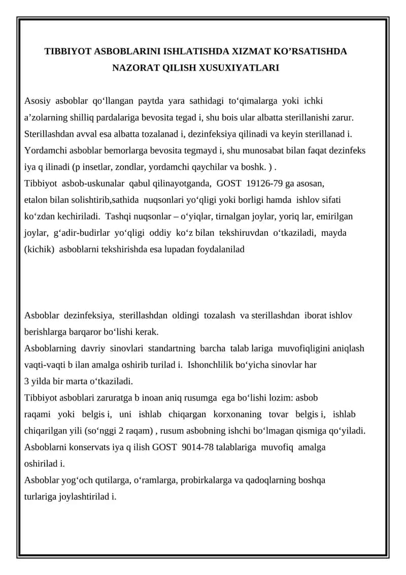 Tibbiyot asboblarini ishlatishda xizmat ko'rsatishda nazorat qilish xususiyatlari 1