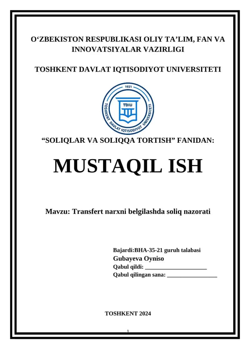 Transfert narxni belgilashda soliq nazorati 1
