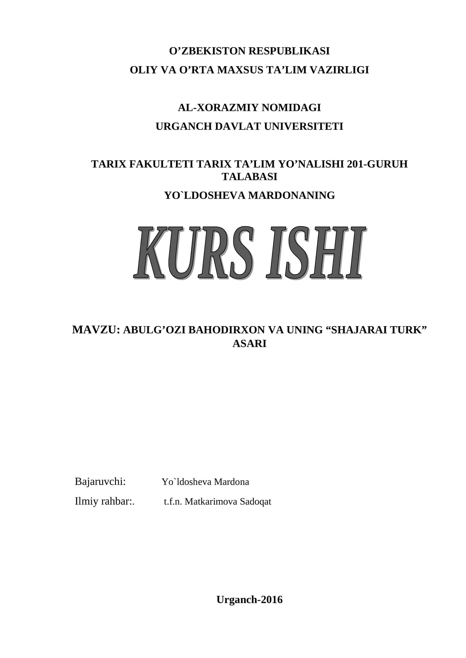 ABULG’OZI BAHODIRXON VA UNING “SHAJARAI TURK” ASARI 1