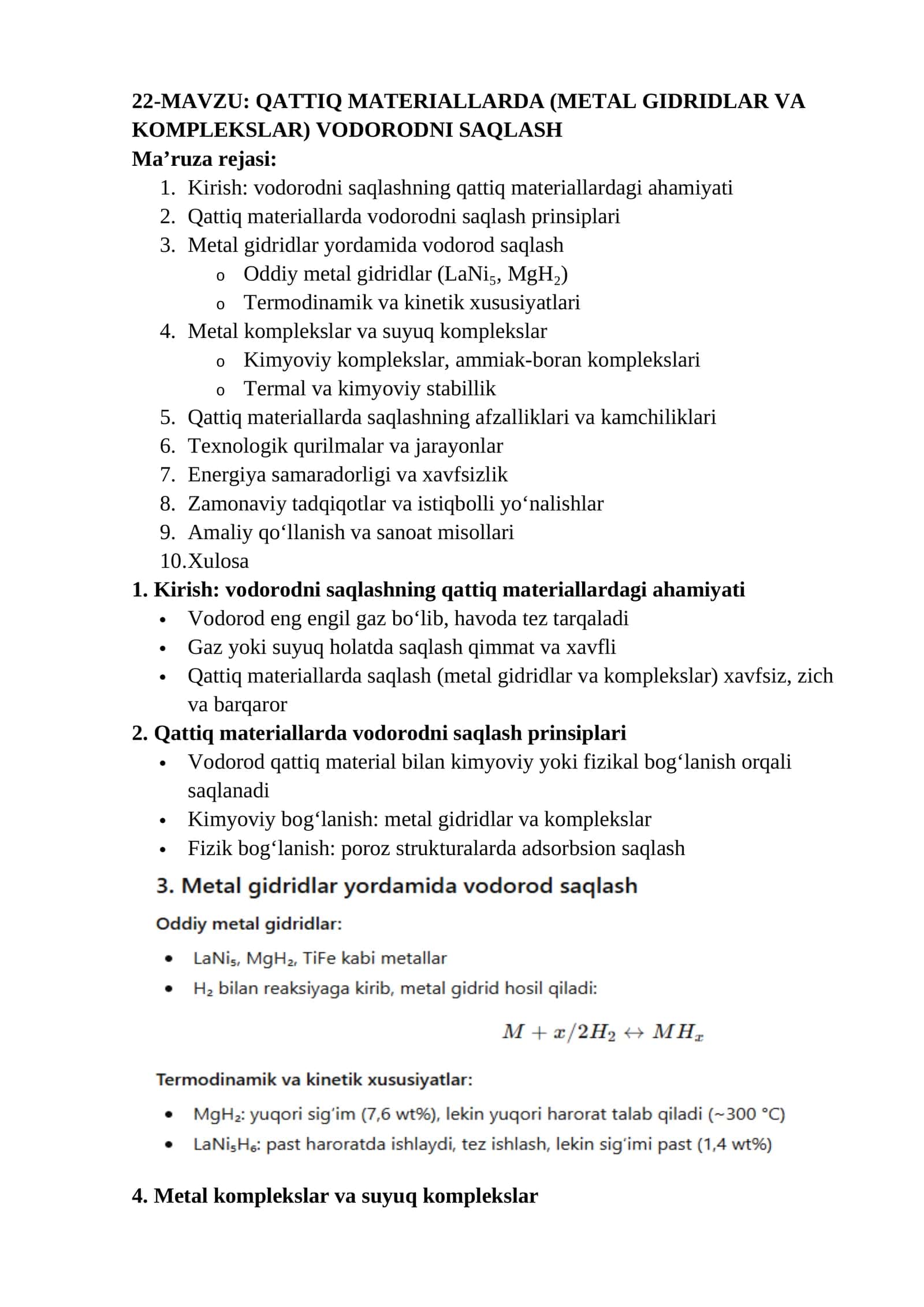 QATTIQ MATERIALLARDA (METAL GIDRIDLAR VA KOMPLEKSLAR) VODORODNI SAQLASH 1