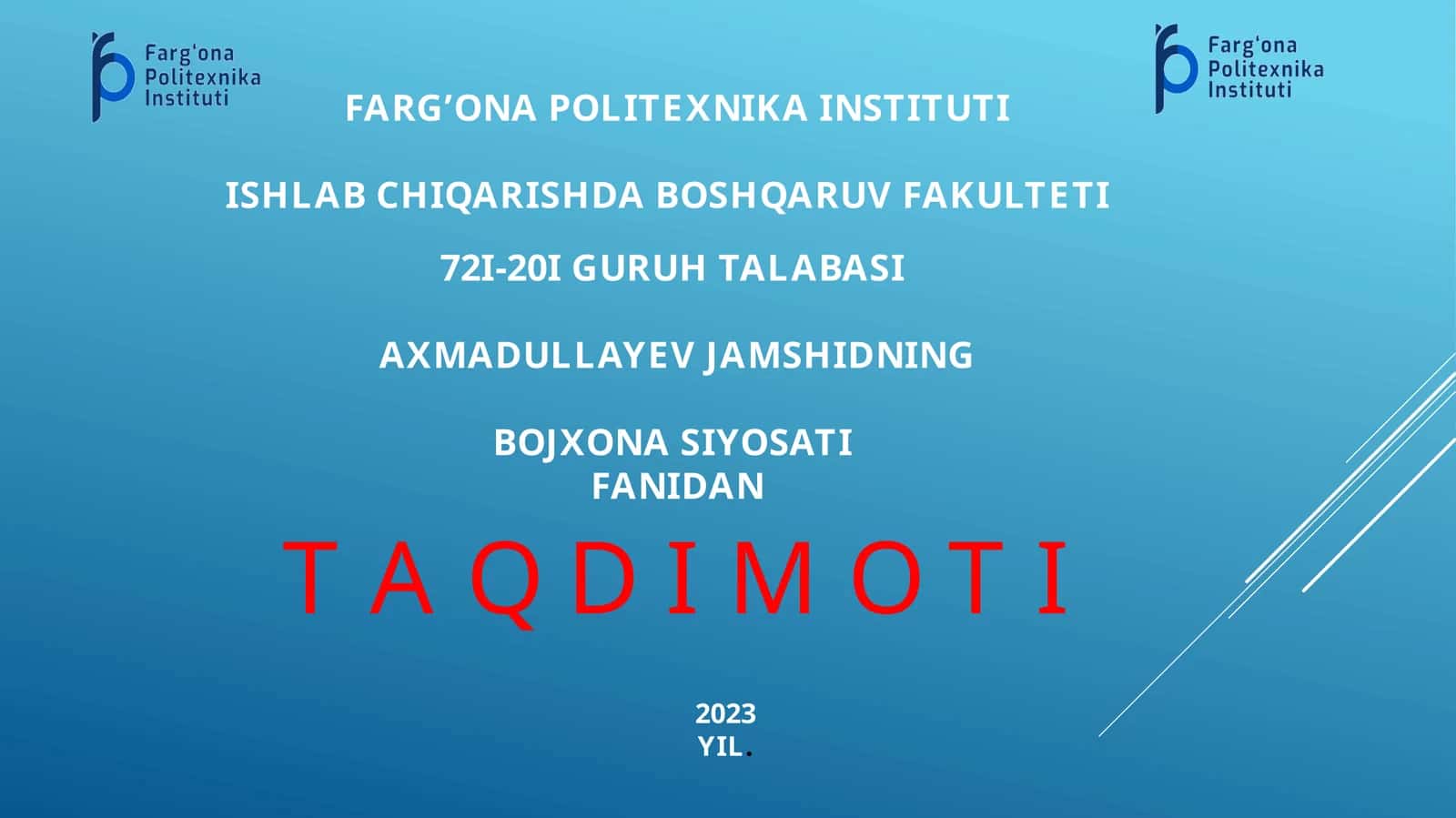 BOJXONA SIYOSATI FANIDAN TAQDIMOTI 2023 YIL 1