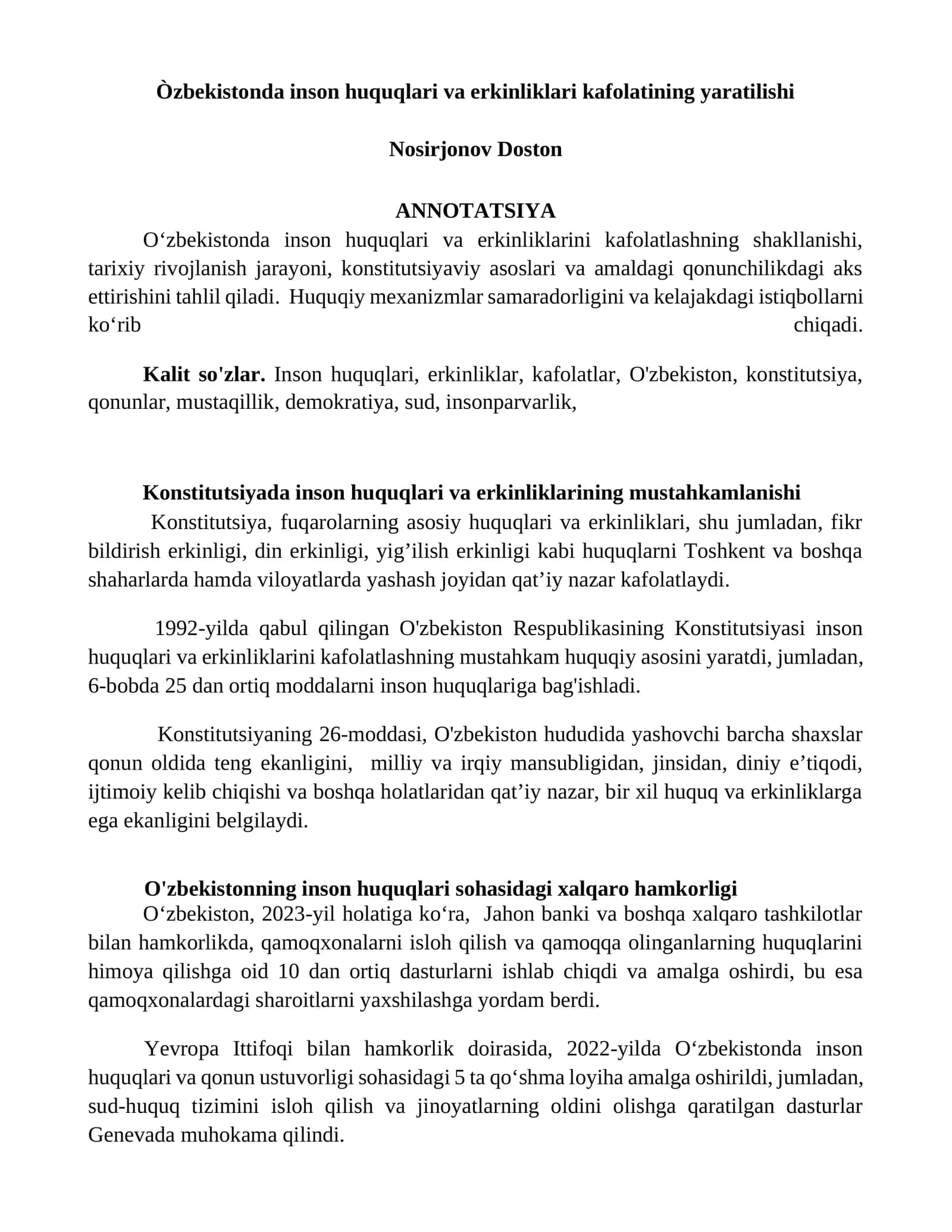 Òzbekistonda inson huquqlari va erkinliklari kafolatining yaratilishi 1