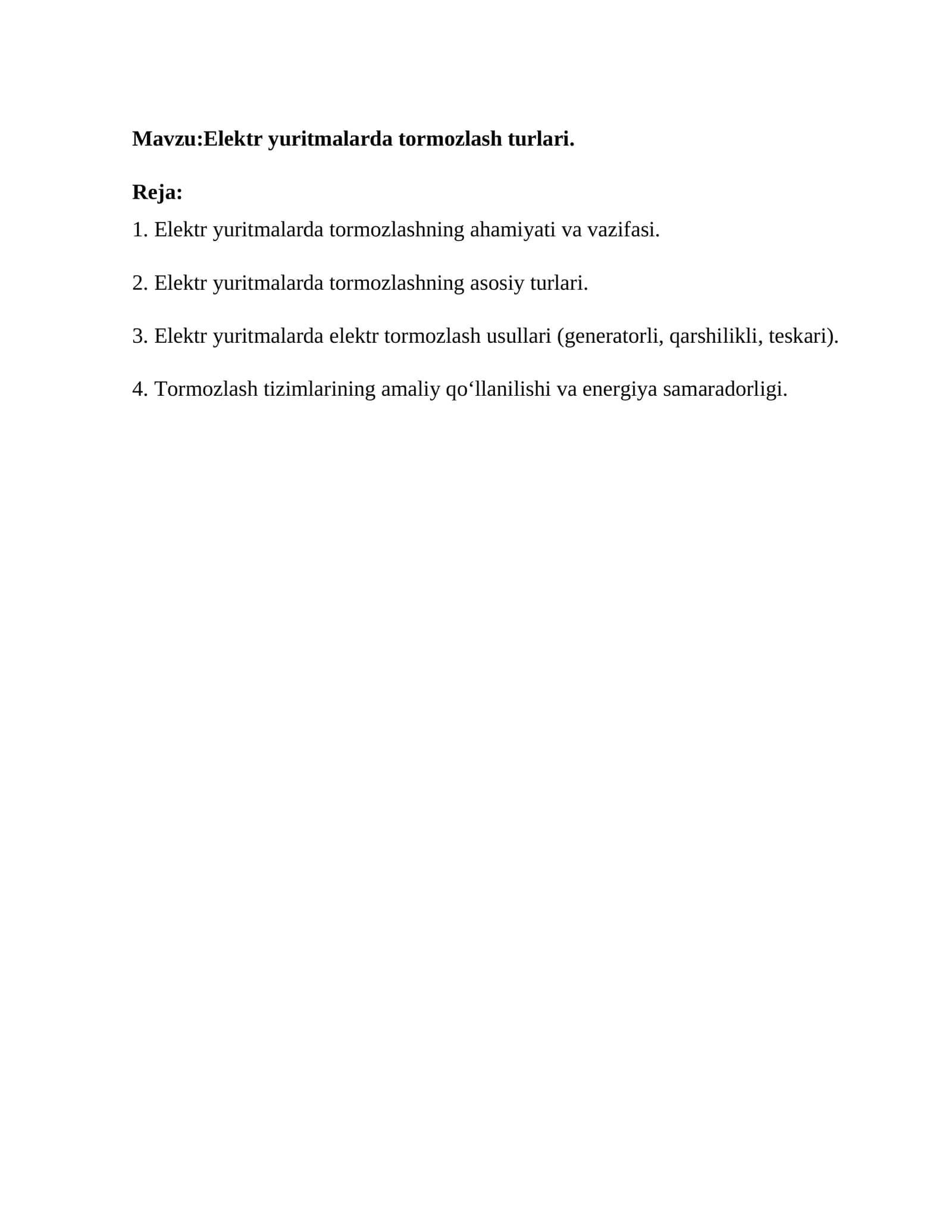 Elektr yuritmalarda tormozlash turlari 1