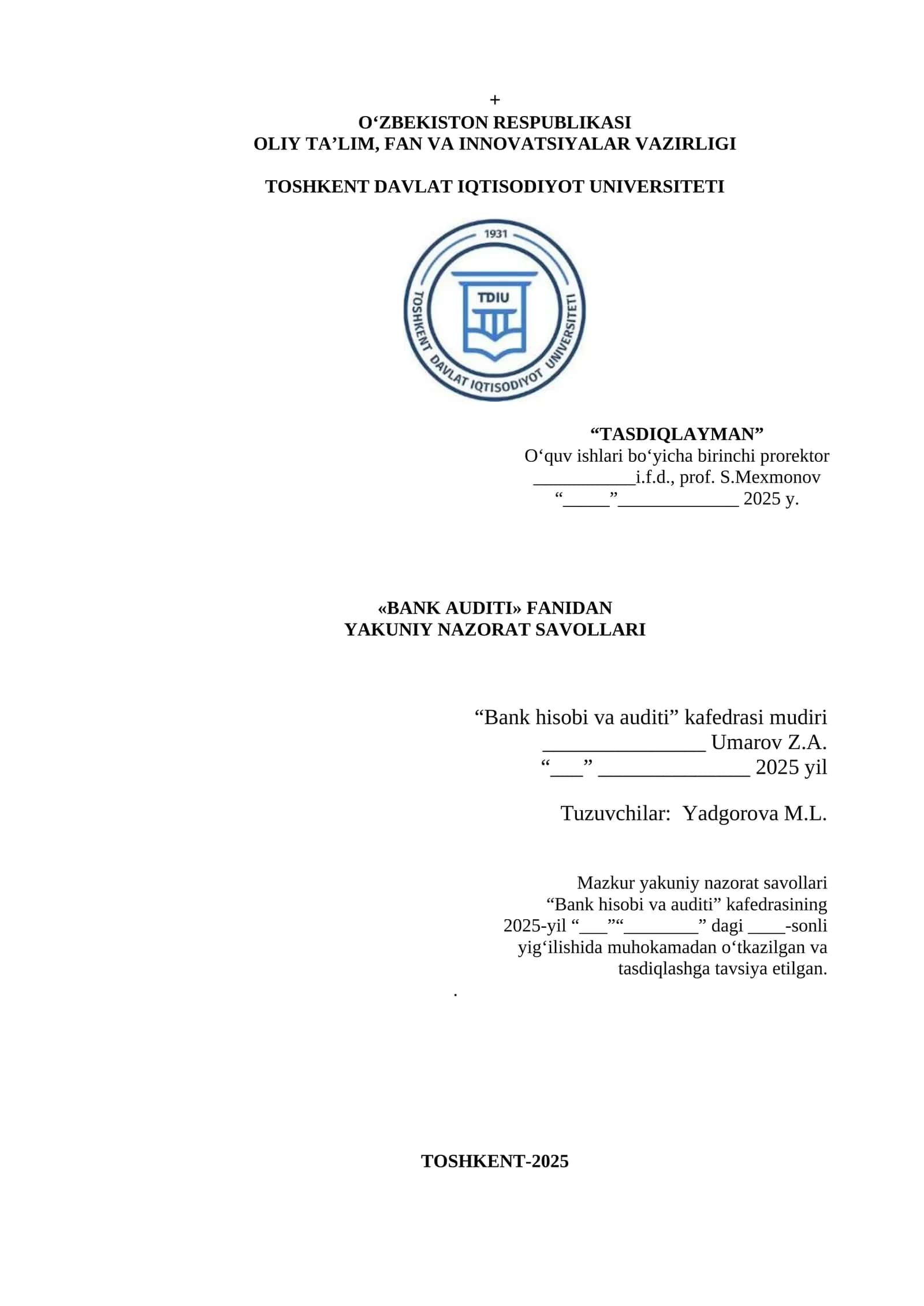 BANK AUDITI FANIDAN YAKUNIY NAZORAT SAVOLLARI 1