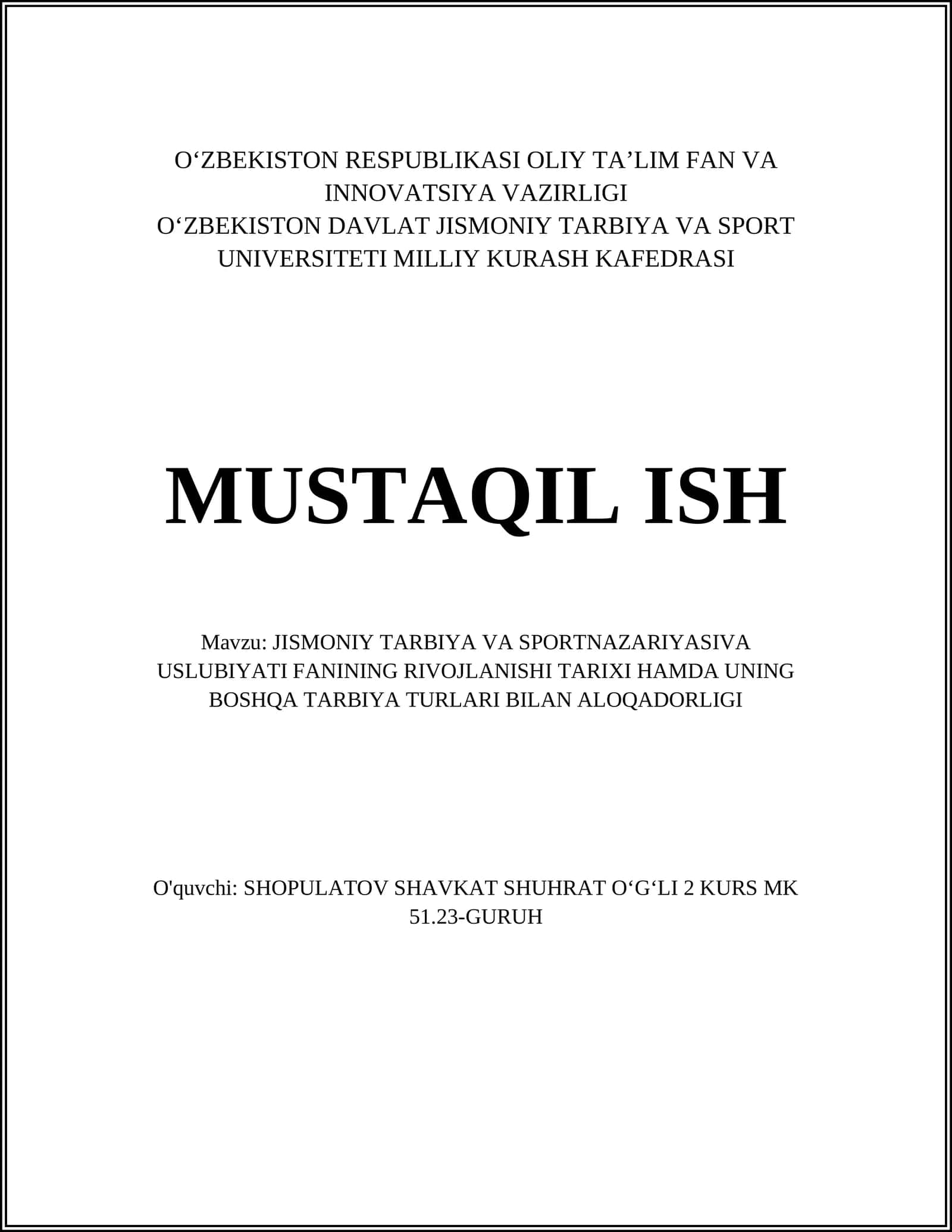 Jismoniy Tarbiya va Sport Nazariyasiva Uslubiyati Fanining Rivojlanishi Tarixi Hamda Uning Boshqa Tarbiya Turlari Bilan Aloqadorligi 1