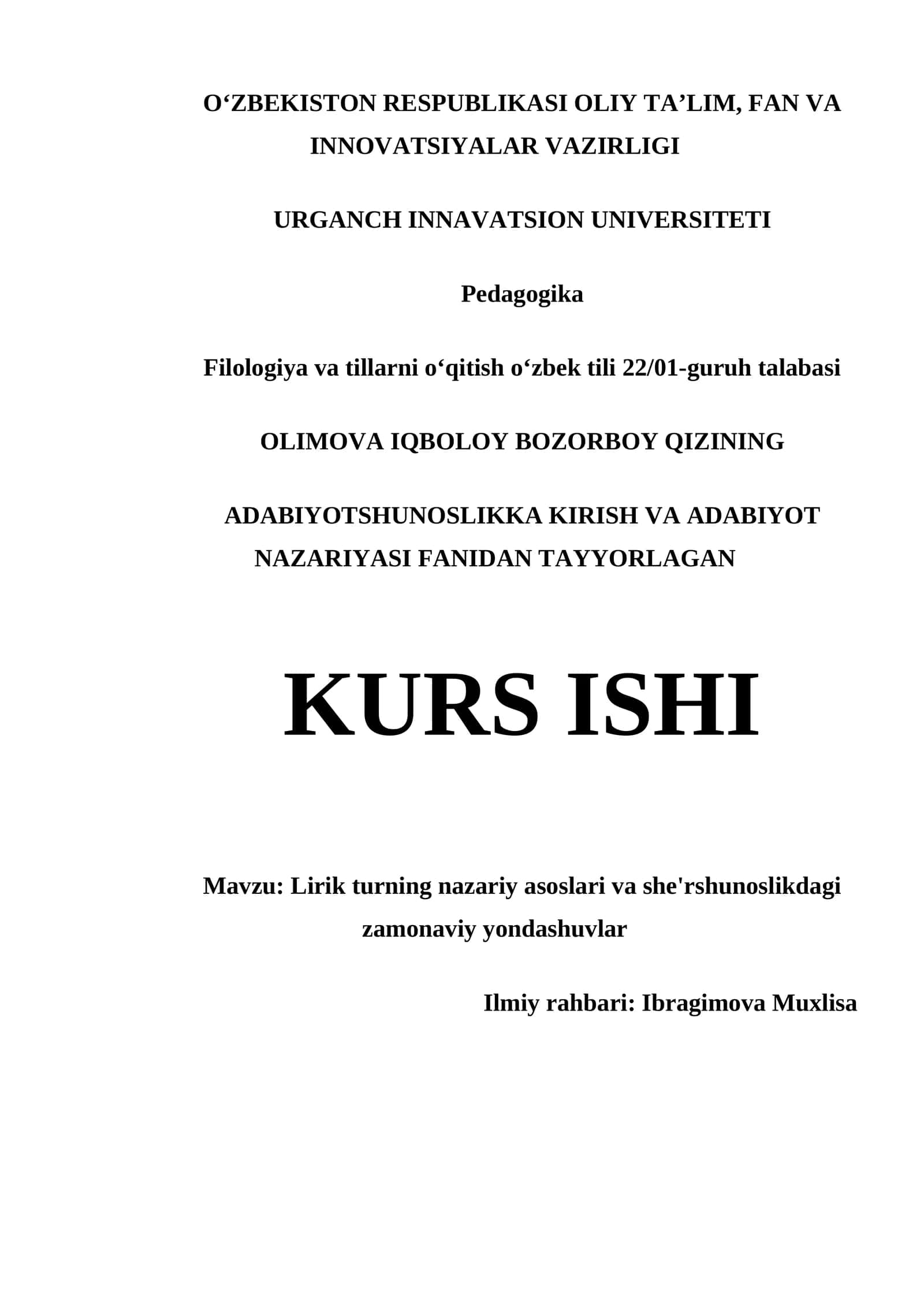 Lirik turning nazariy asoslari va she'rshunoslikdagi zamonaviy yondashuvlar 1
