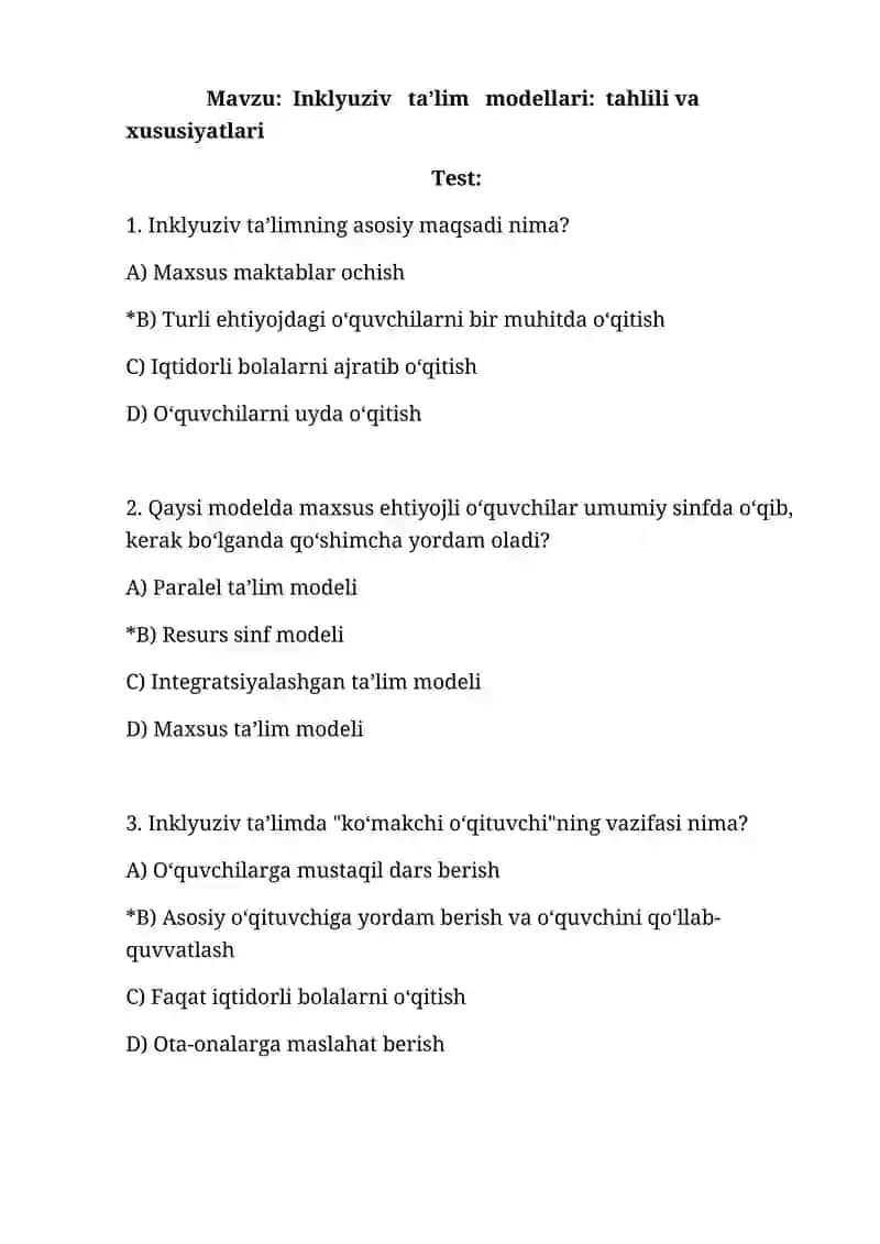 Inklyuziv ta’lim modellari: tahlili va xususiyatlari