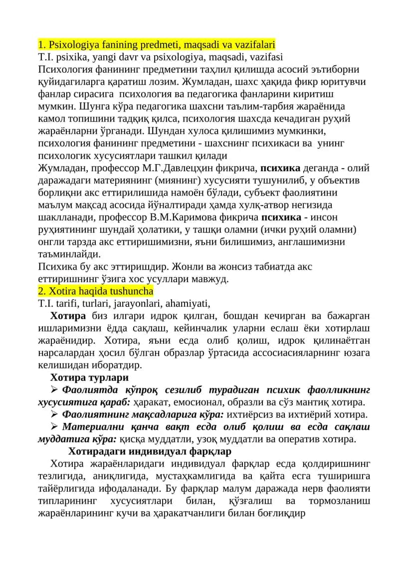 Psixologiya fanining predmeti, maqsadi va vazifalari 1
