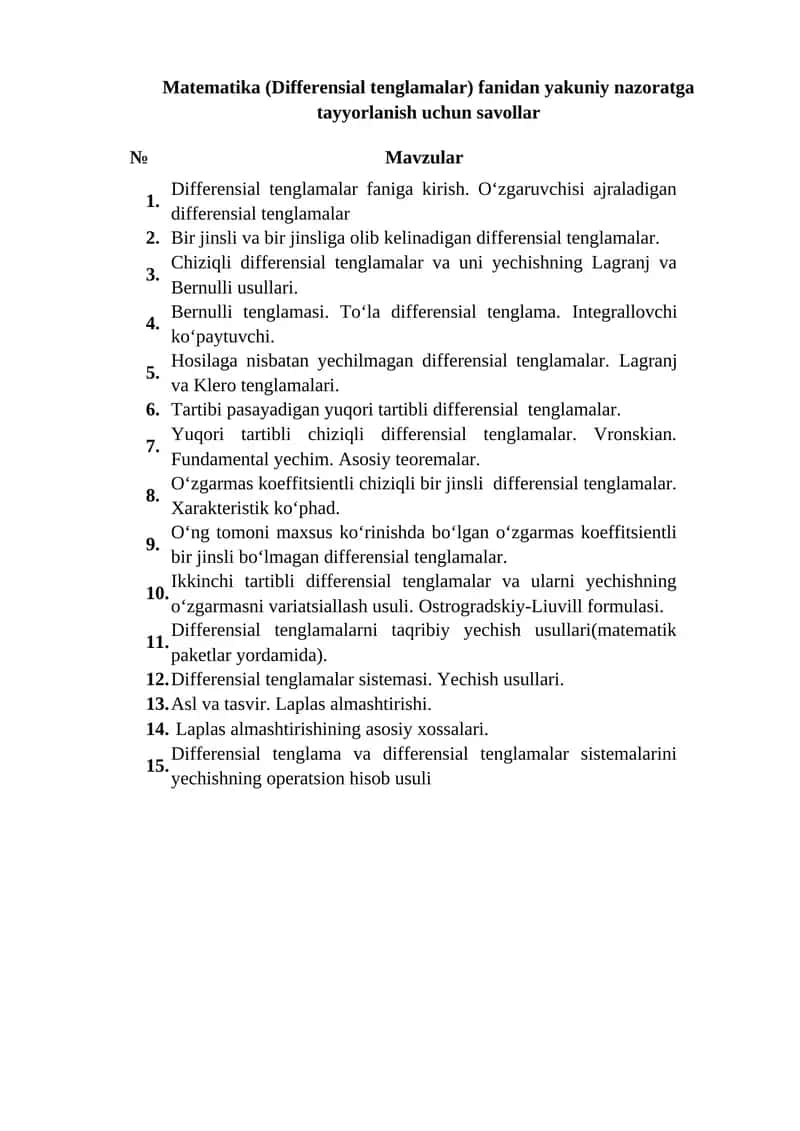 Matematika (Differensial tenglamalar) fanidan yakuniy nazoratga tayyorlanish uchun savollar 1