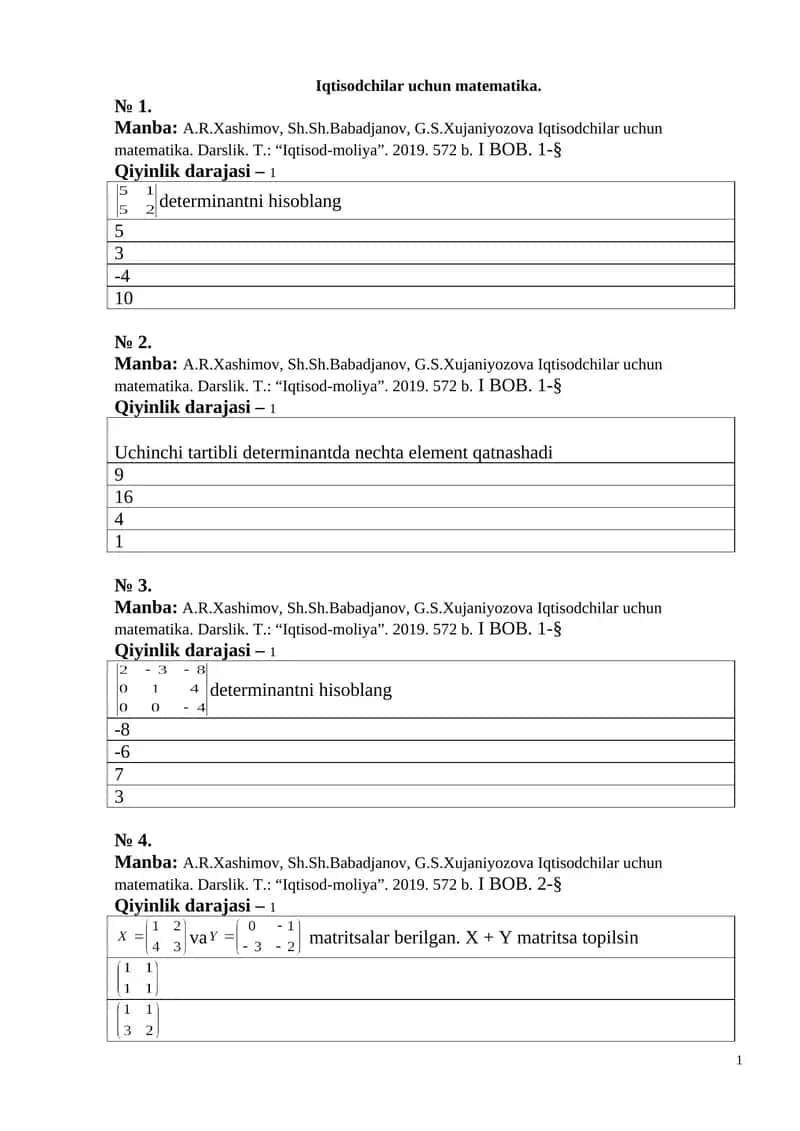 Iqtisodchilar uchun matematika 1